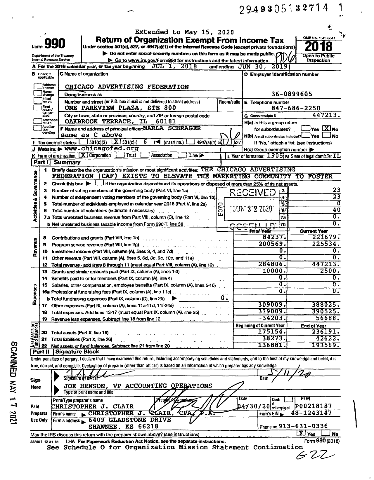 Image of first page of 2018 Form 990O for Chicago Advertising Federation