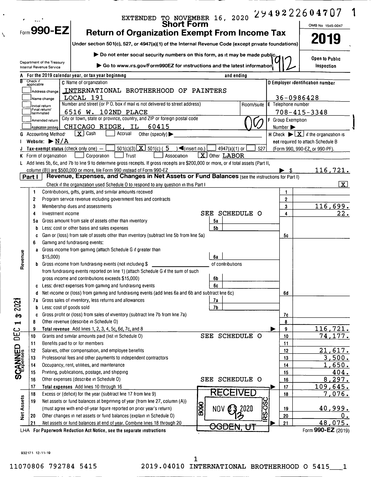 Image of first page of 2019 Form 990EO for International Union of Painters and Allied Trades - 191 Painters Local Union