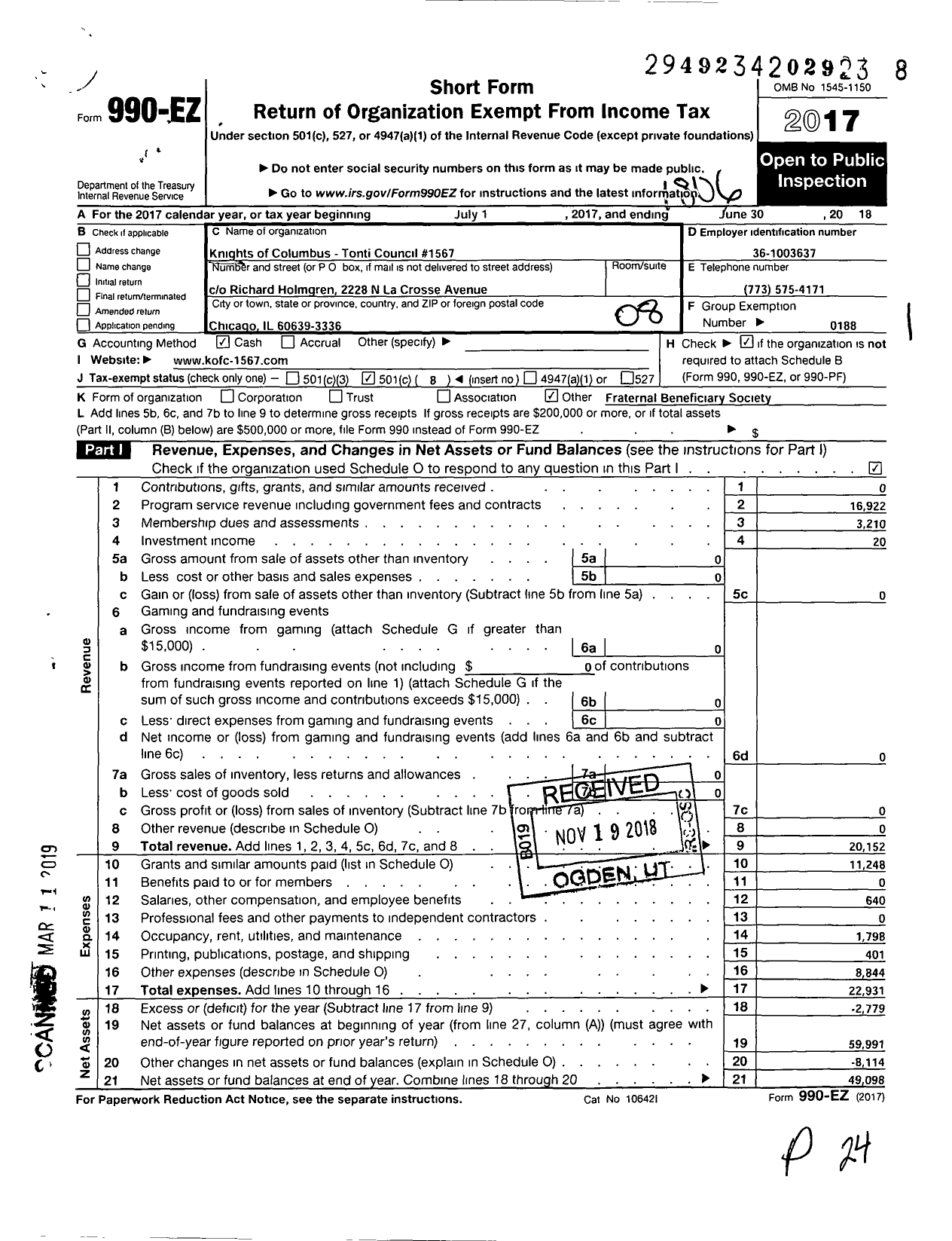 Image of first page of 2017 Form 990EO for Knights of Columbus - 1567 Tonti Council