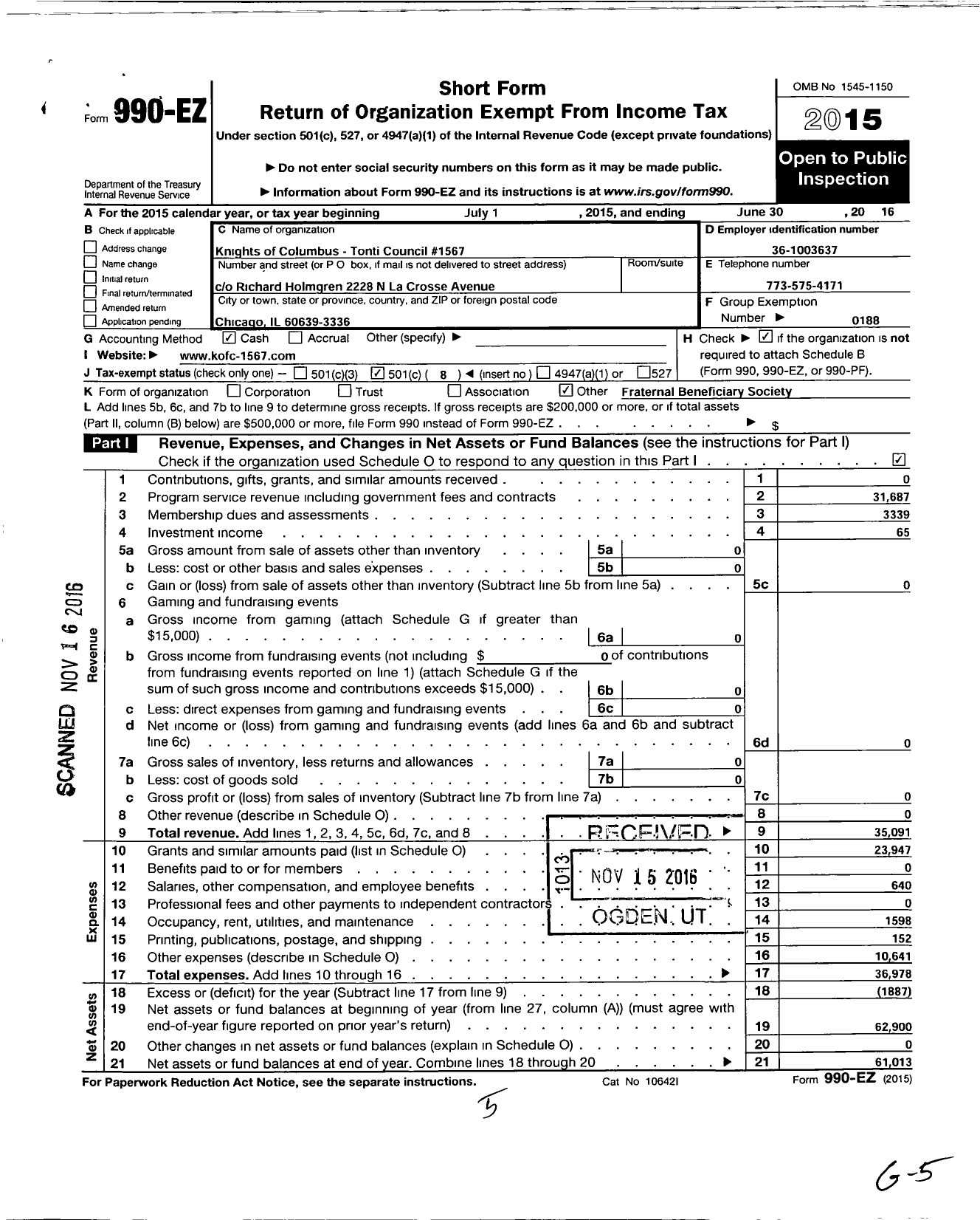 Image of first page of 2015 Form 990EO for Knights of Columbus - 1567 Tonti Council