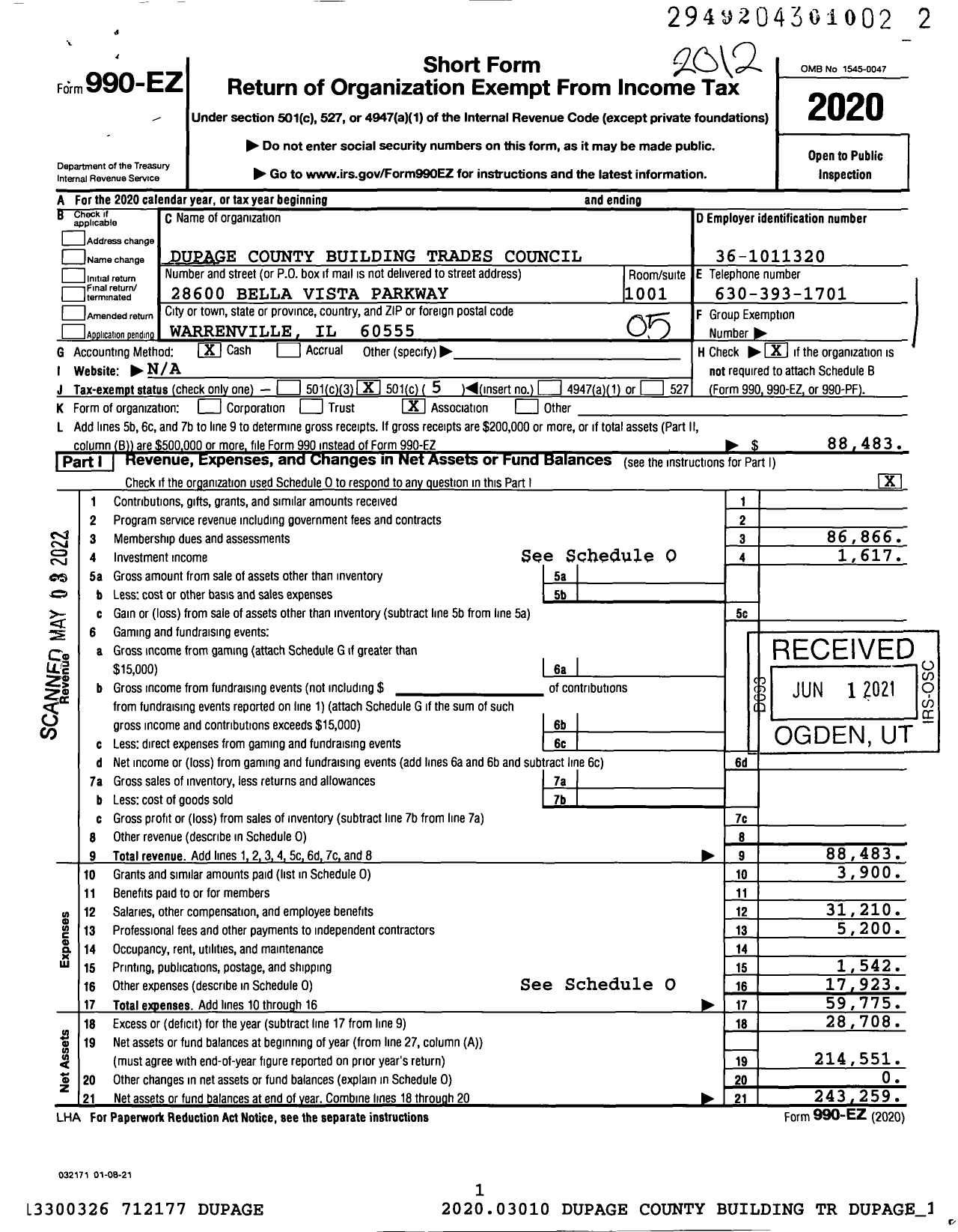 Image of first page of 2020 Form 990EO for AFL-CIO - Dupage County Building Trades