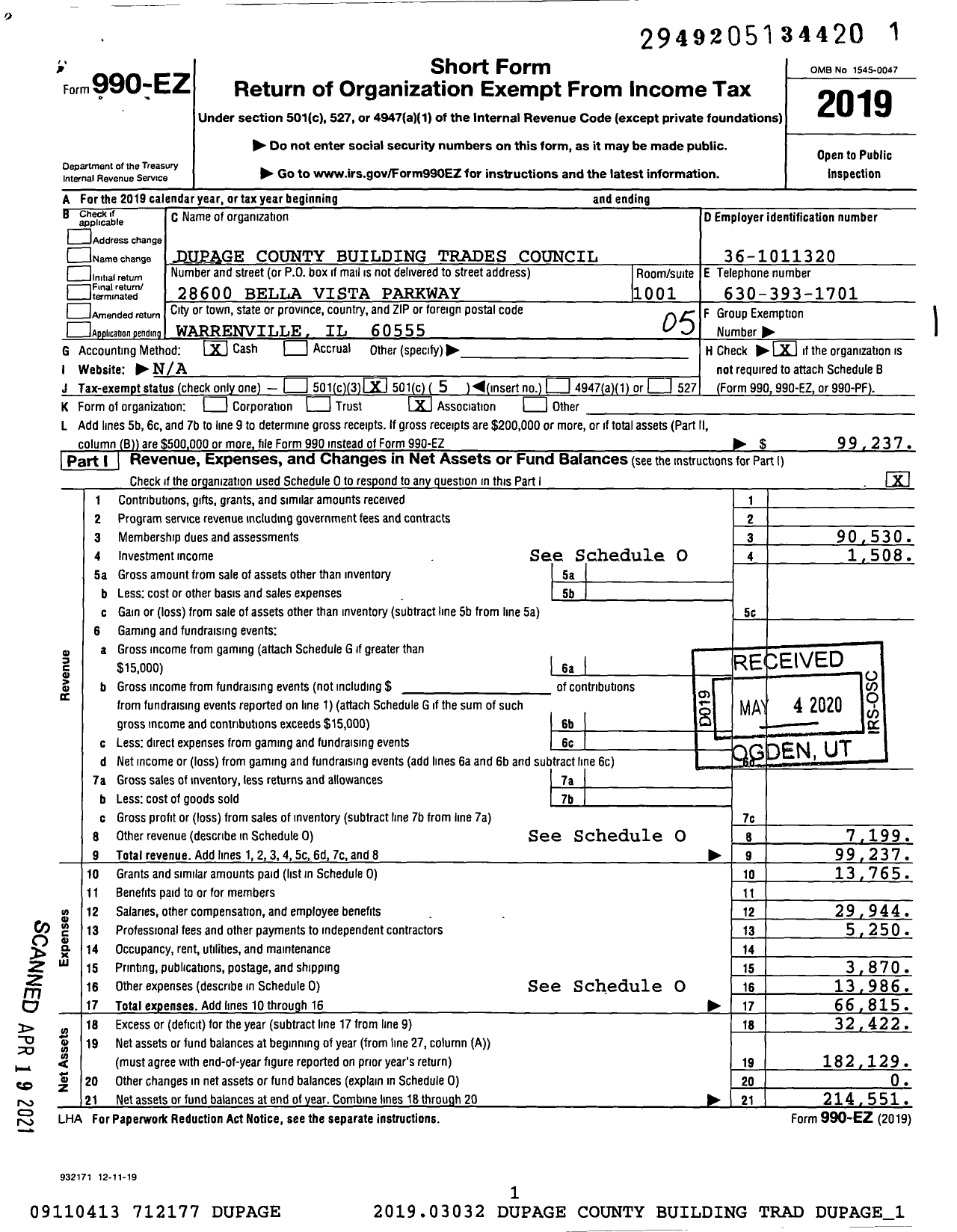 Image of first page of 2019 Form 990EO for AFL-CIO - Dupage County Building Trades