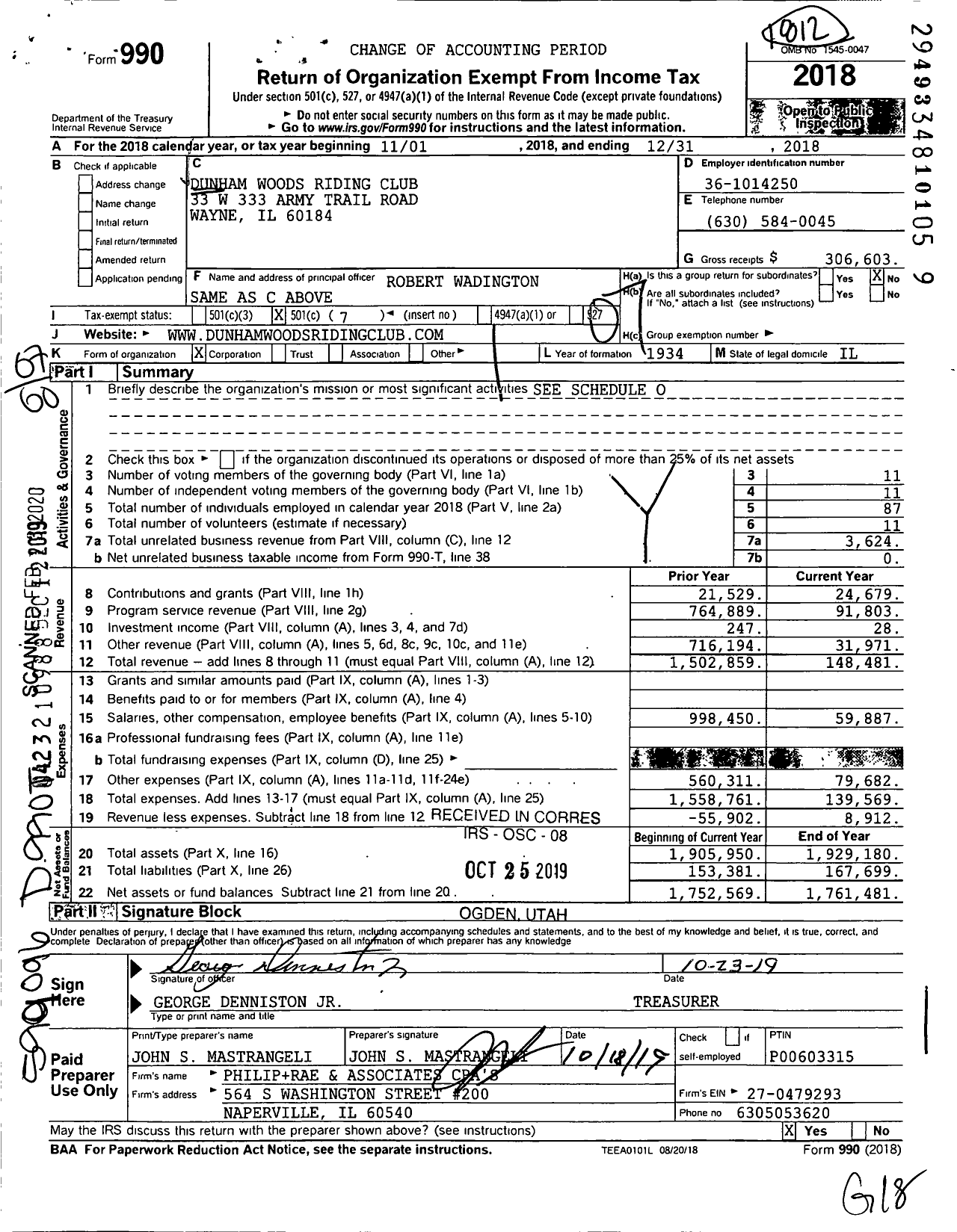 Image of first page of 2018 Form 990O for Dunham Woods Riding Club