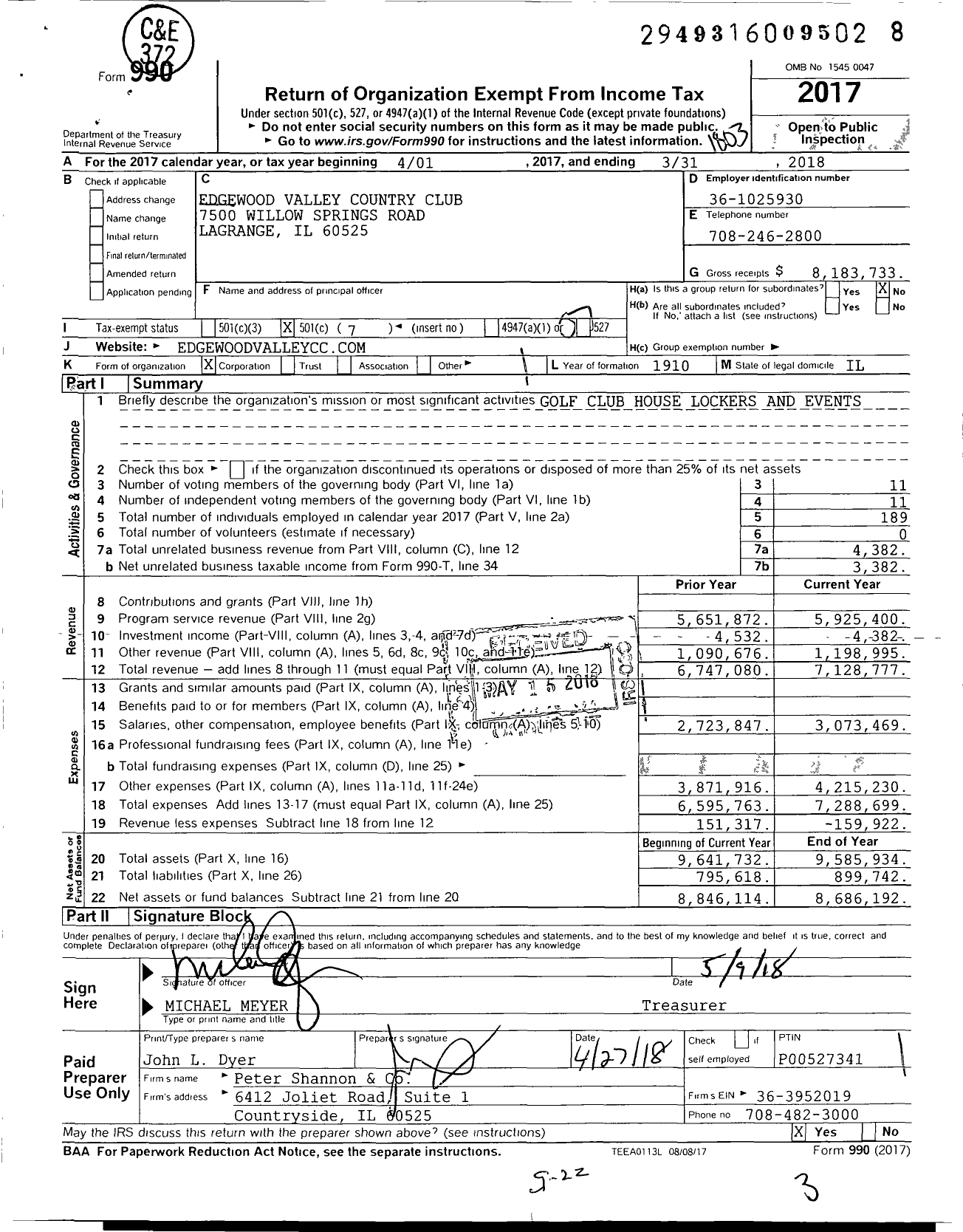 Image of first page of 2017 Form 990O for Edgewood Valley Country Club