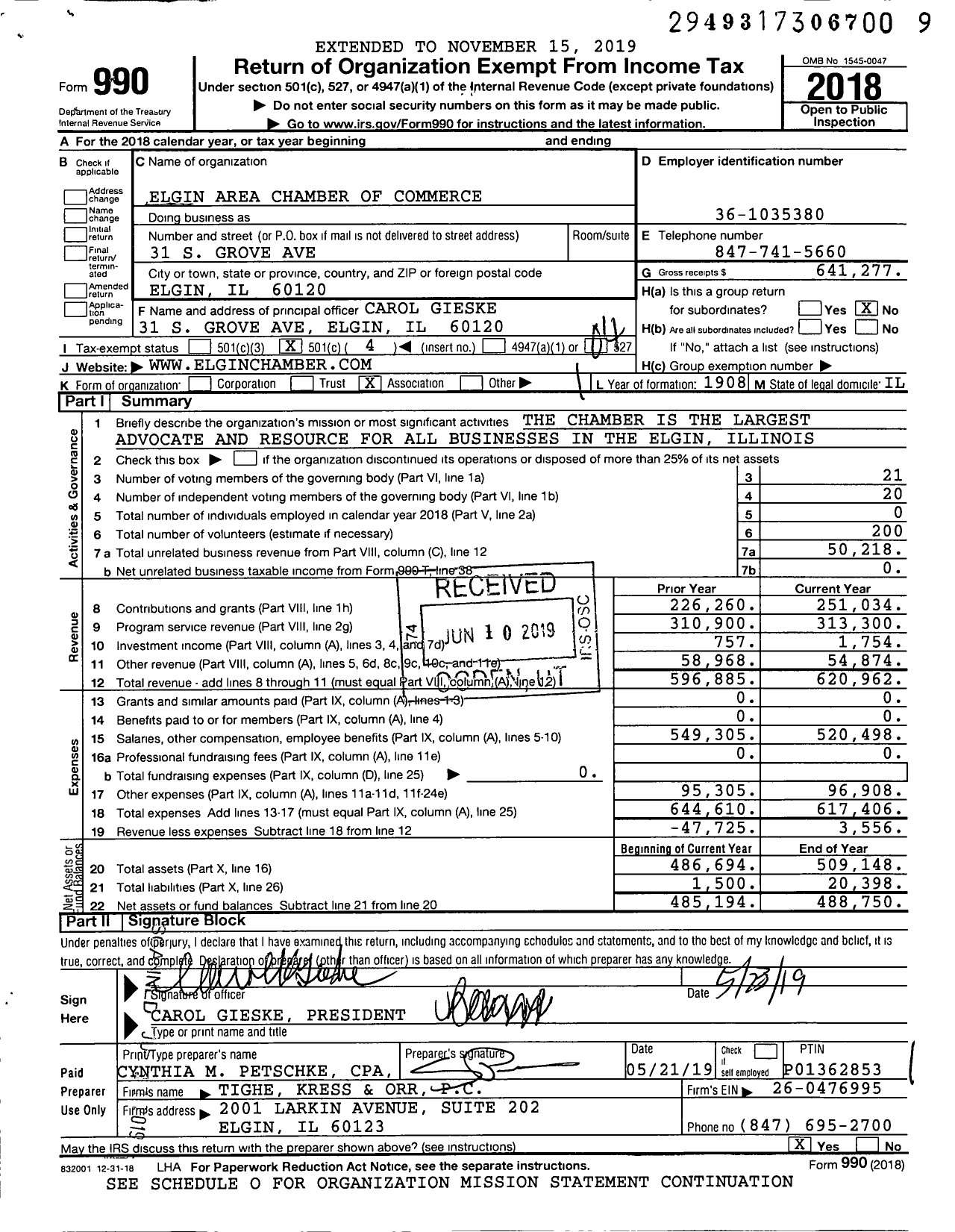 Image of first page of 2018 Form 990O for Elgin Area Chamber of Commerce