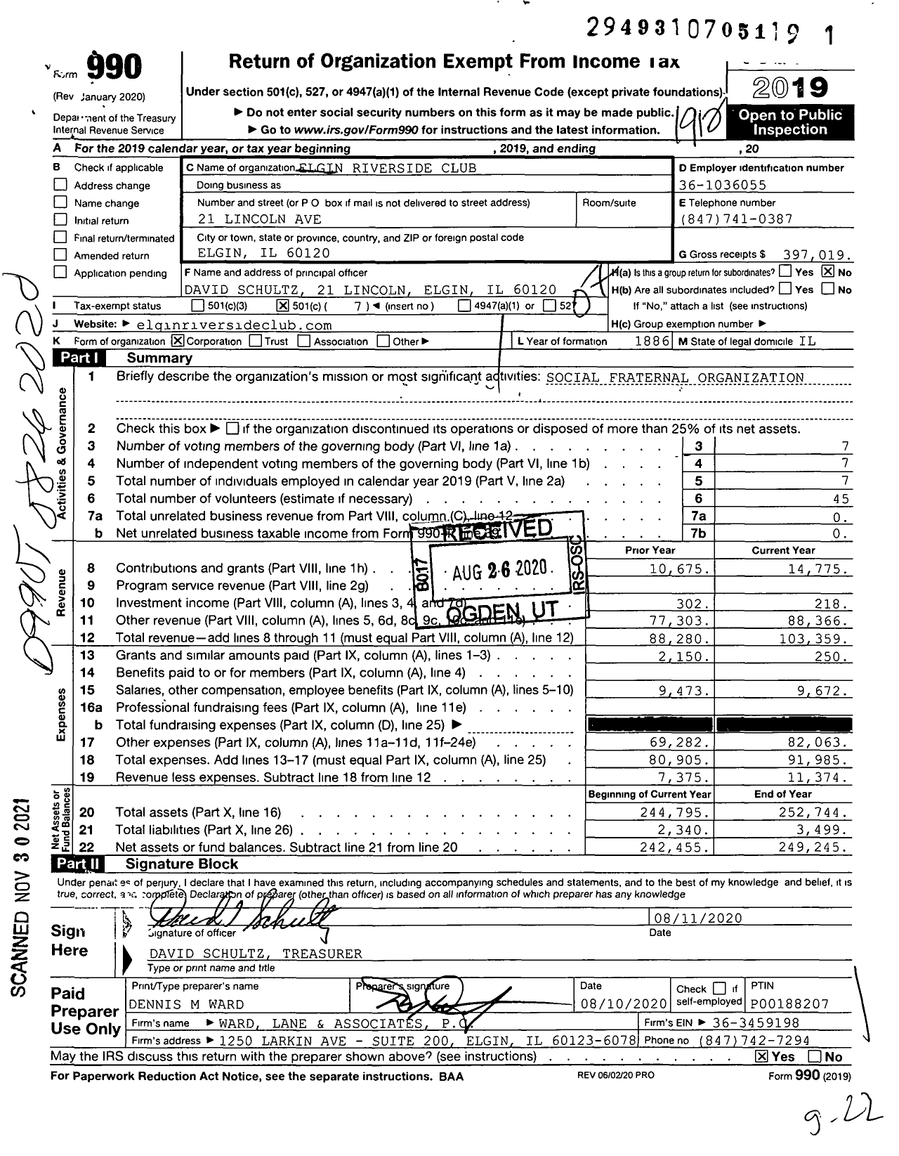 Image of first page of 2019 Form 990O for Elgin Riverside Club