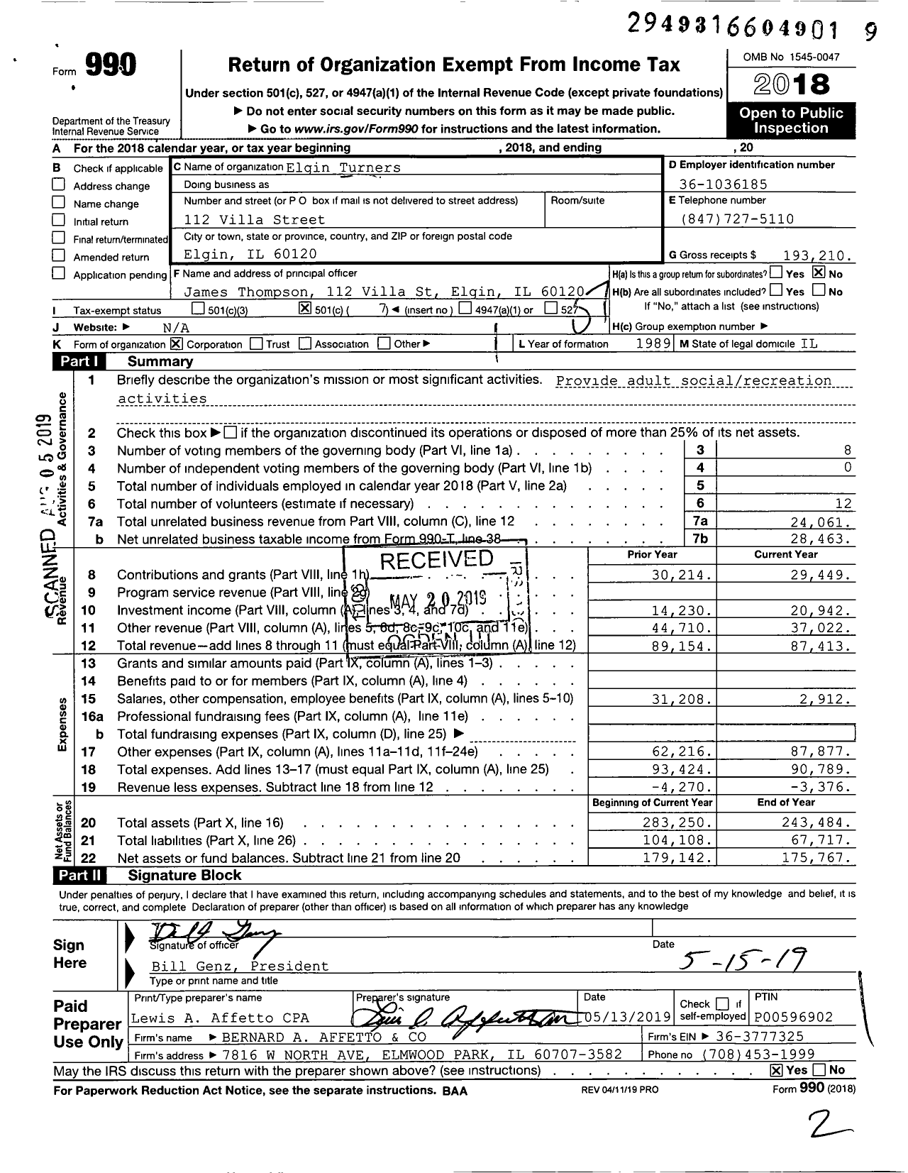 Image of first page of 2018 Form 990O for Elgin Turners