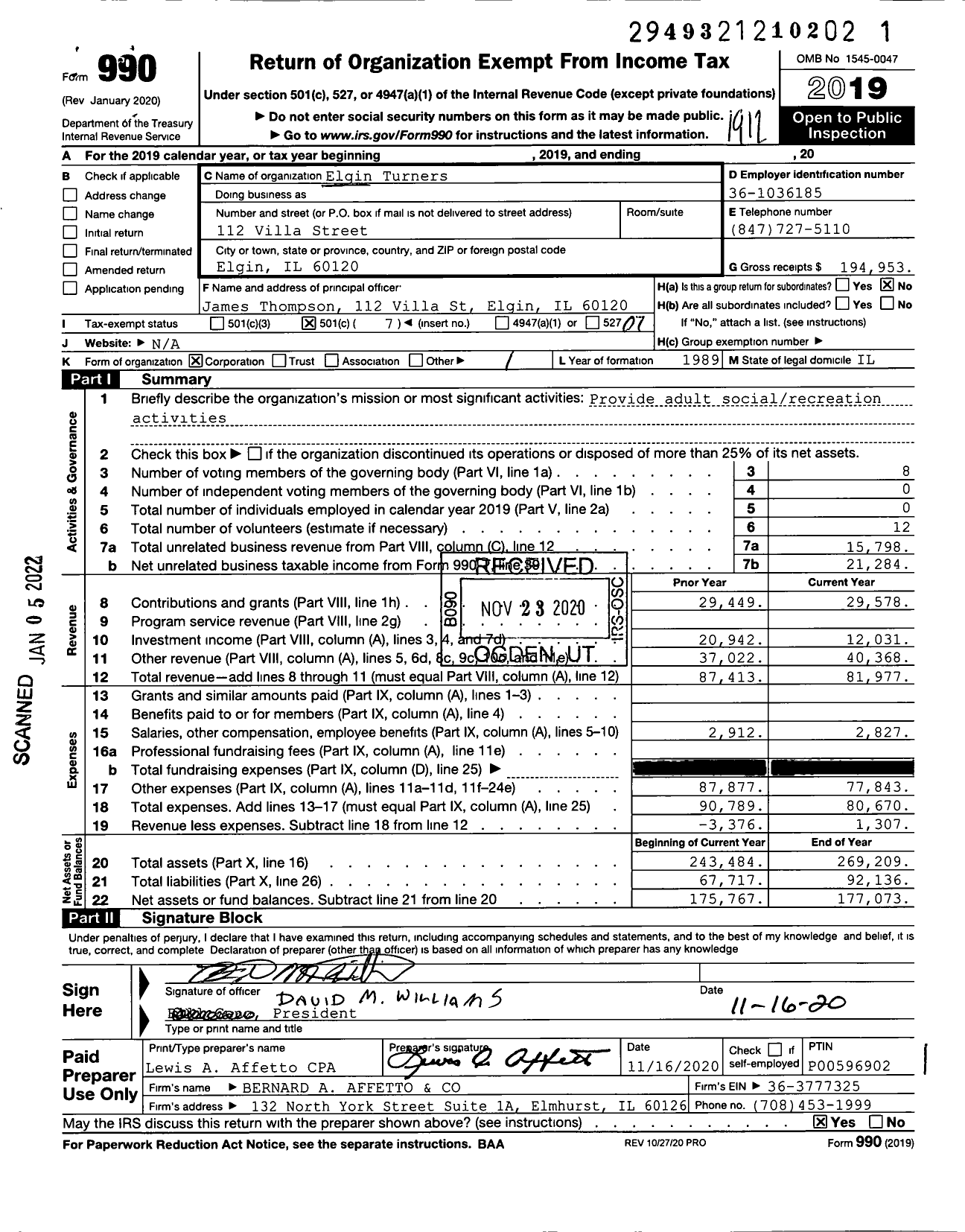 Image of first page of 2019 Form 990O for Elgin Turners