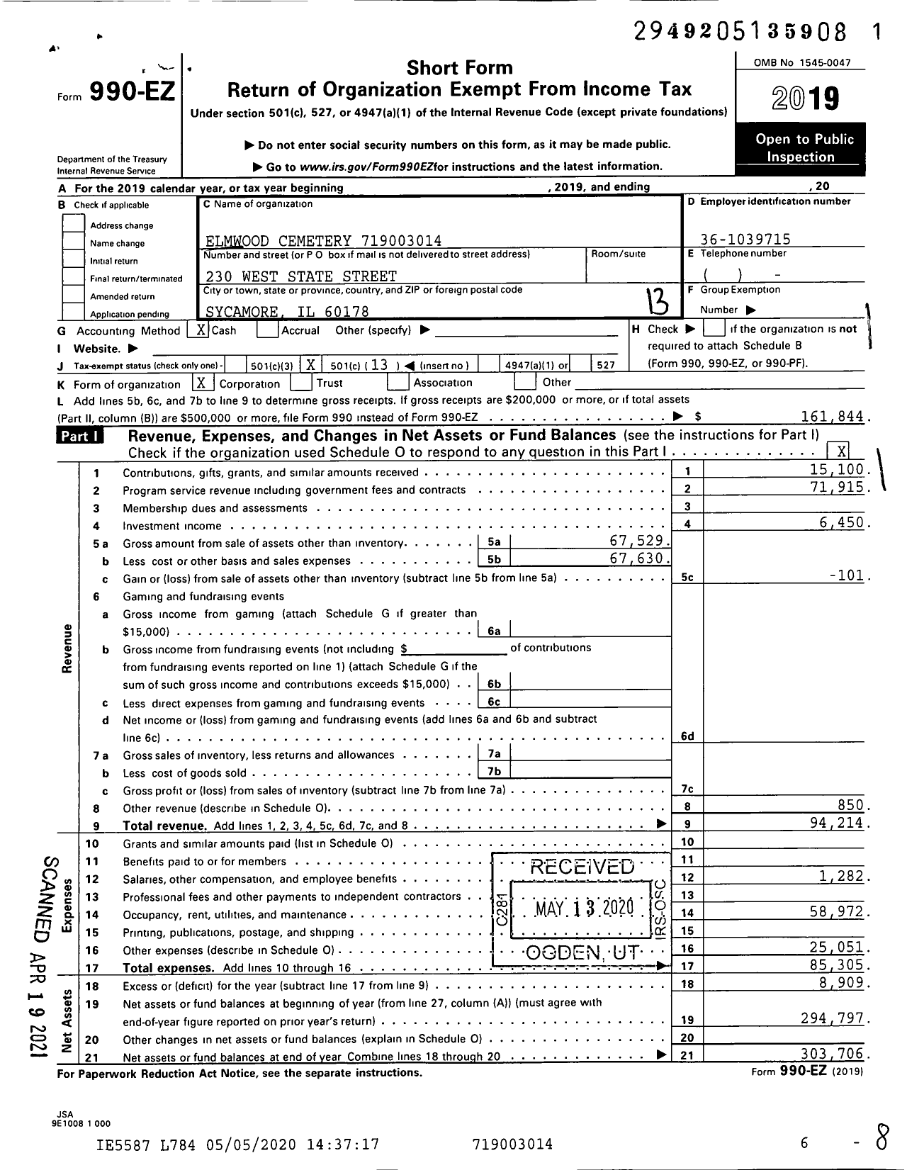 Image of first page of 2019 Form 990EO for Elmwood Cemetery Company