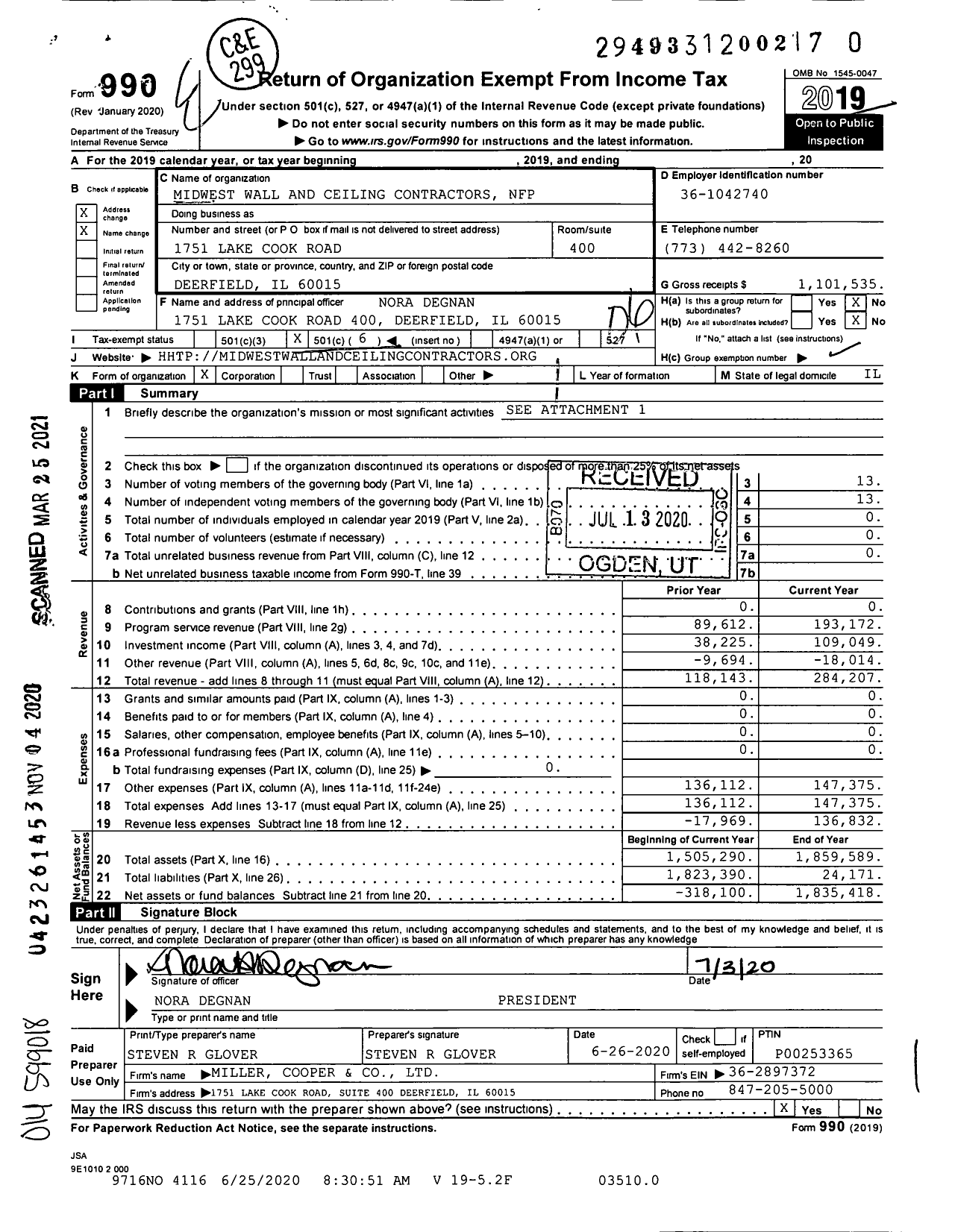 Image of first page of 2019 Form 990O for Midwest Wall and Ceiling Contractors NFP