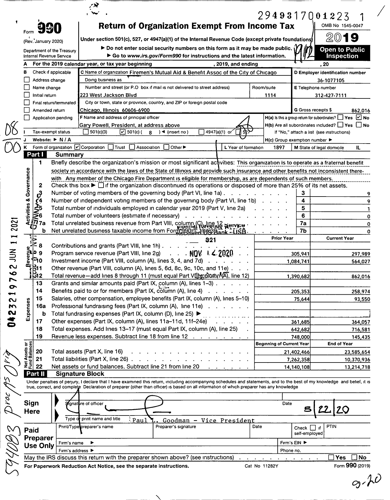 Image of first page of 2019 Form 990O for FIREMENS MUTUAL AID & BENEFIT ASSOCIATION OF the CITY OF CHICAGO OF the CITY OF CHICAGO