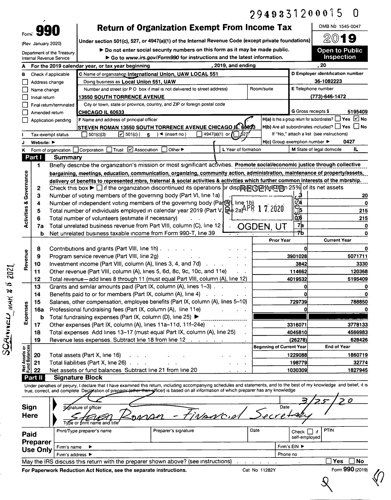 Image of first page of 2019 Form 990O for UAW - Local Union 551 UAW