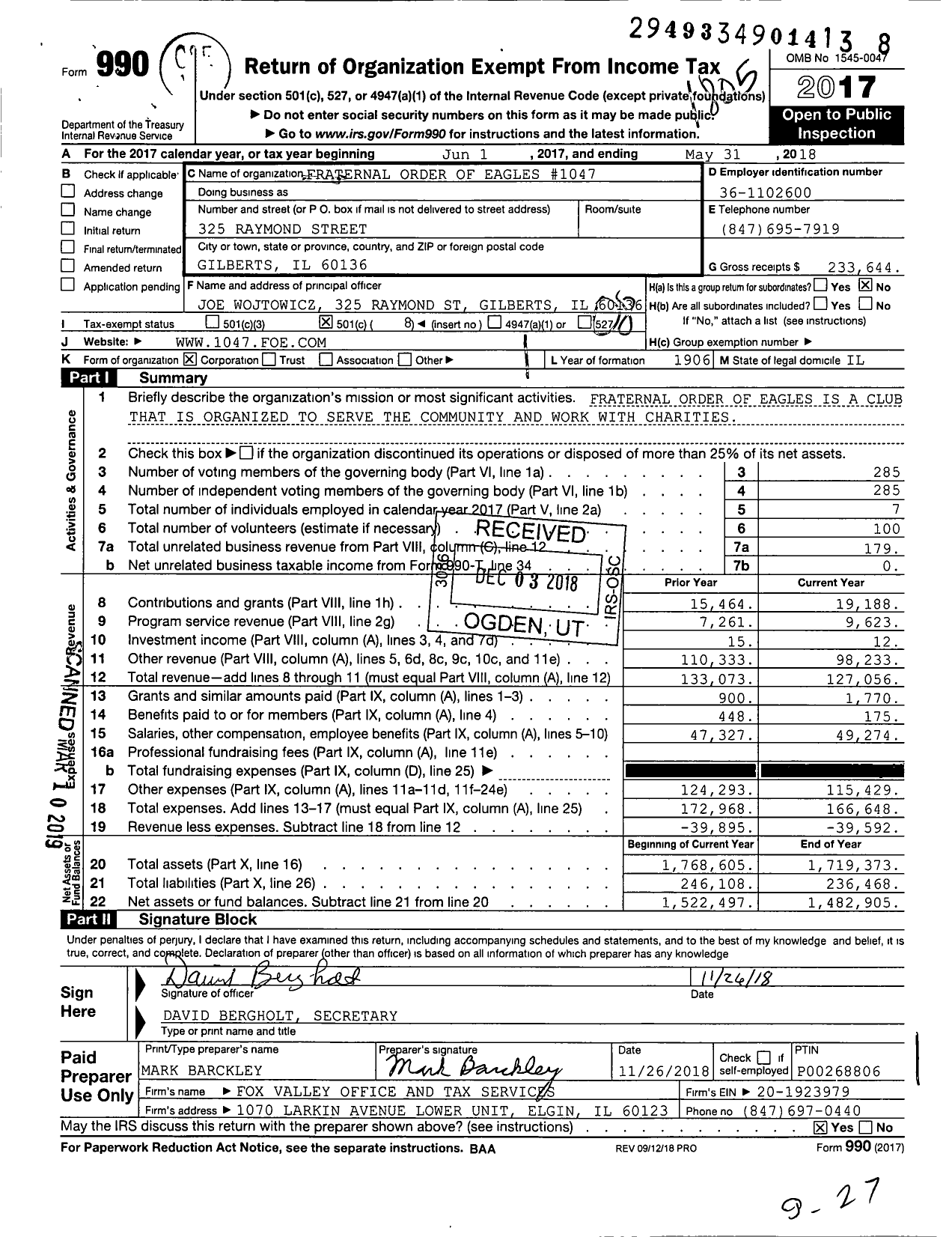 Image of first page of 2017 Form 990O for Fraternal Order of Eagles - 1047 Aerie