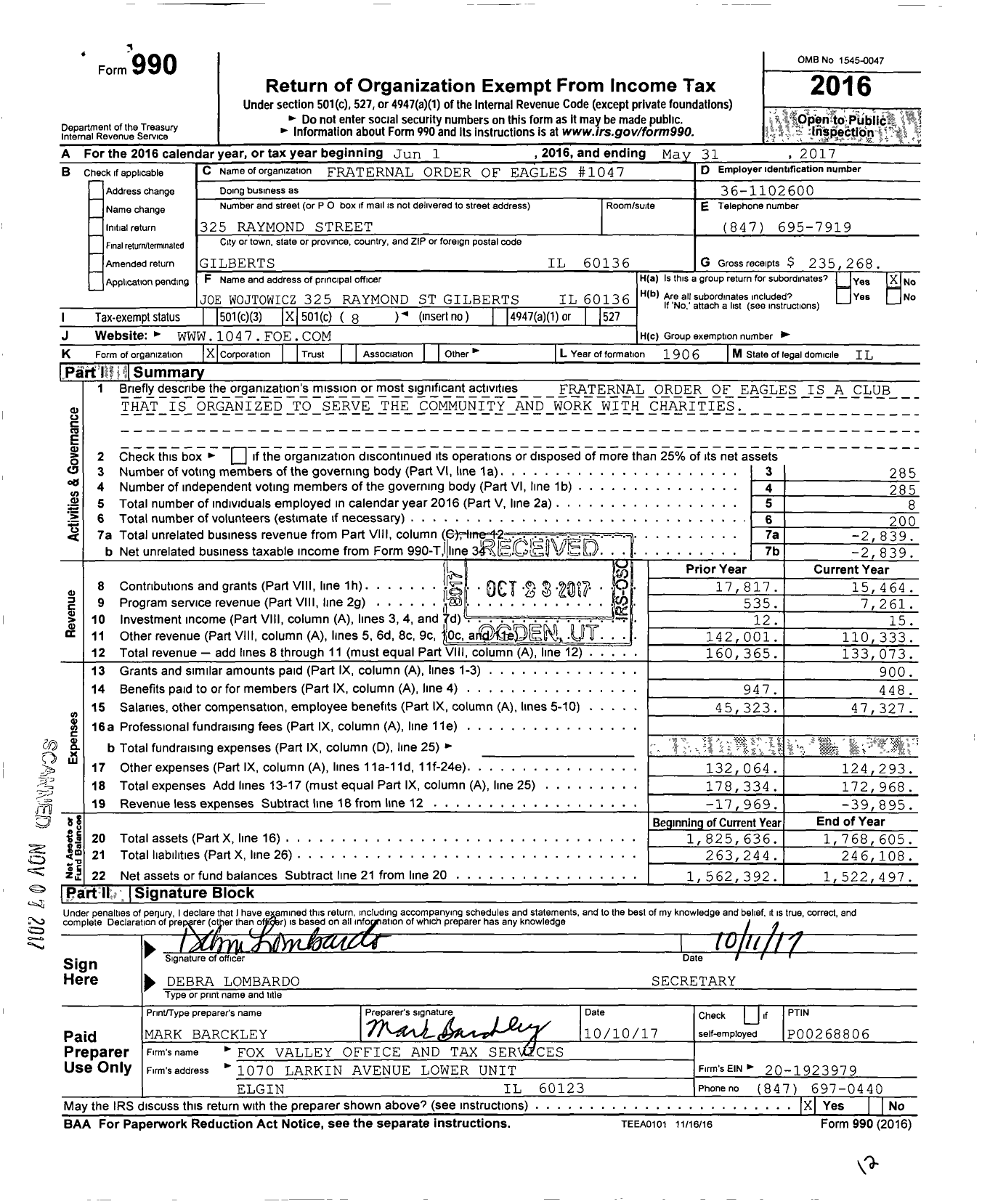 Image of first page of 2016 Form 990O for Fraternal Order of Eagles - 1047 Aerie