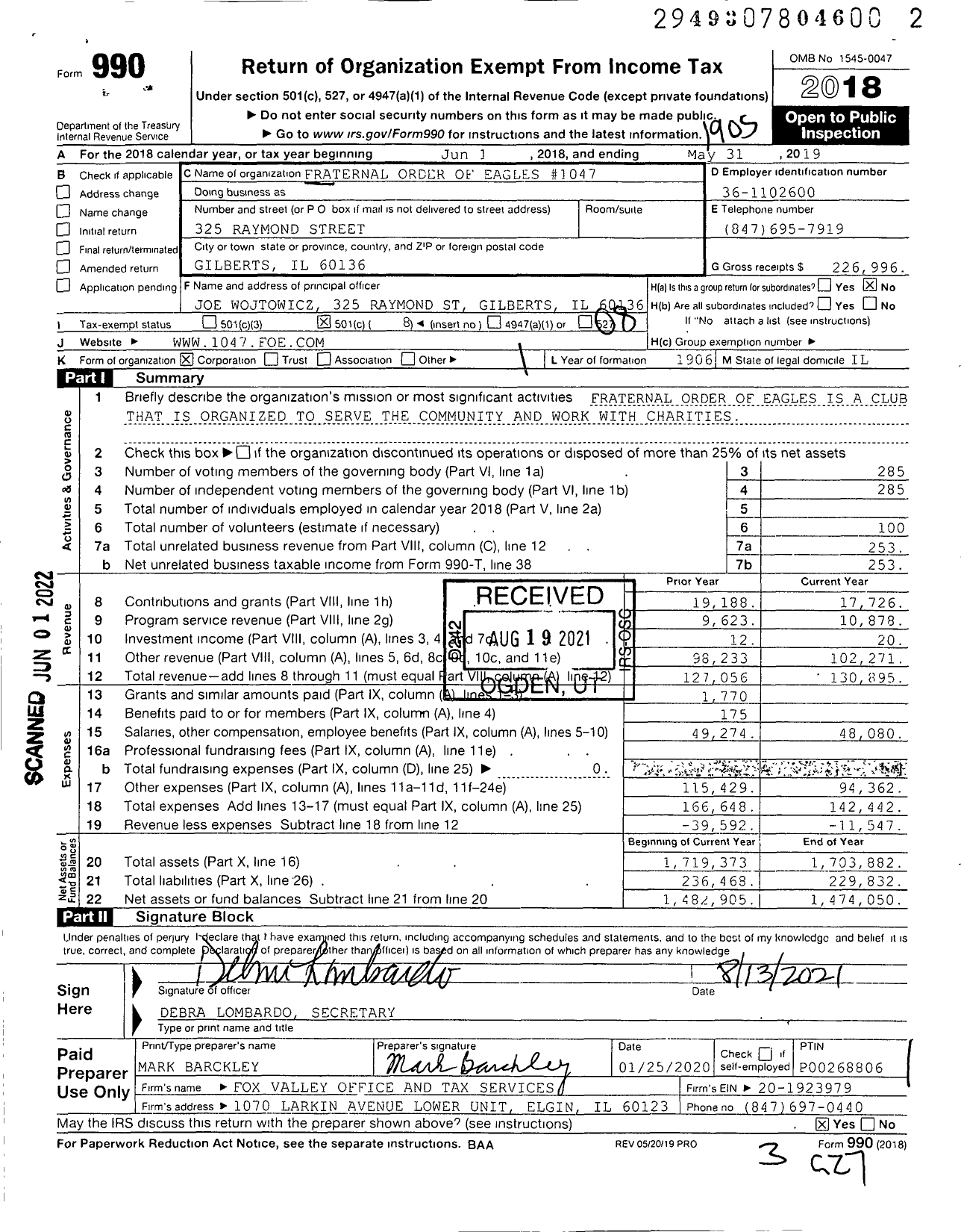 Image of first page of 2018 Form 990O for Fraternal Order of Eagles - 1047 Aerie