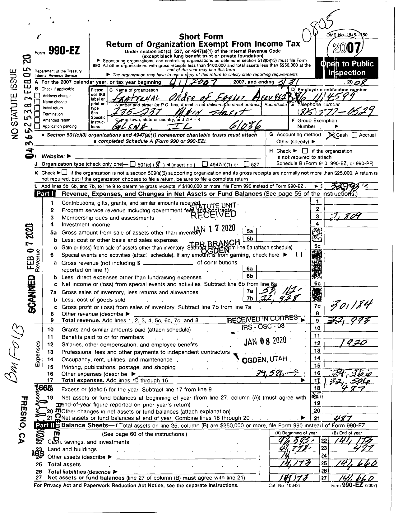 Image of first page of 2007 Form 990EOA for 952 Aerie