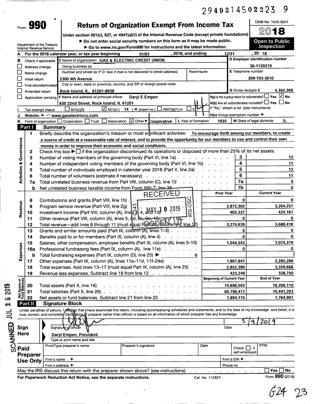 Image of first page of 2018 Form 990O for Gas and Electric Credit Union