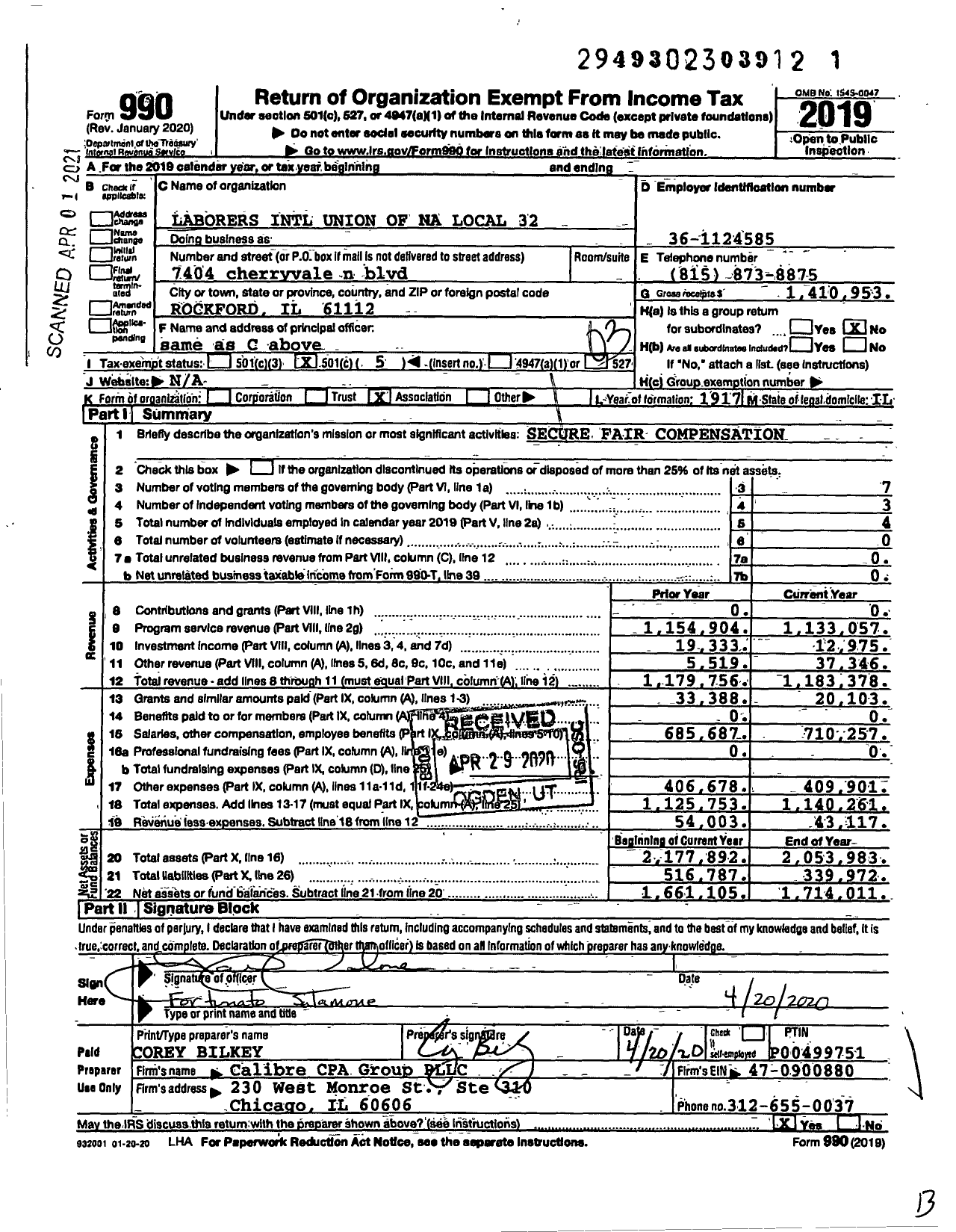 Image of first page of 2019 Form 990 for Laborers' International Union of North America - 32 Local Union