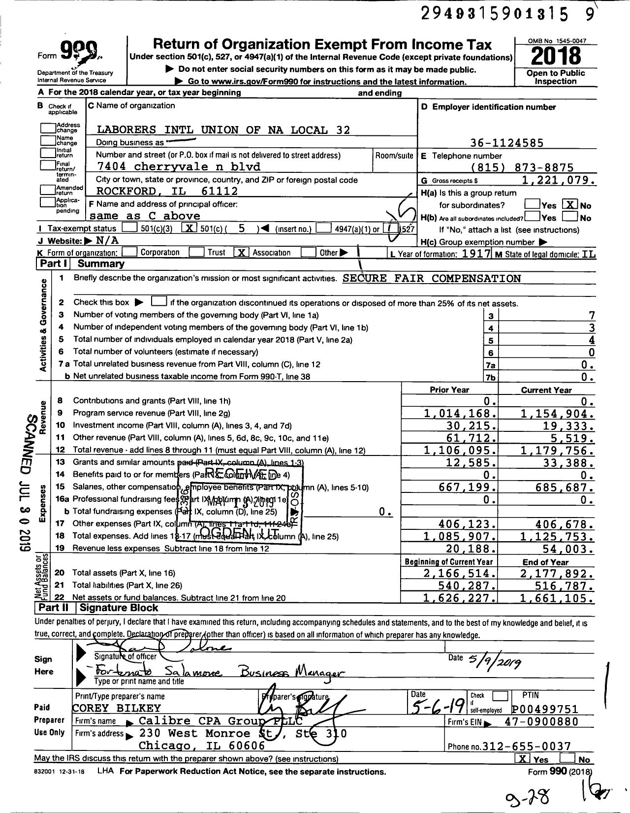 Image of first page of 2018 Form 990O for Laborers' International Union of North America - 32 Local Union