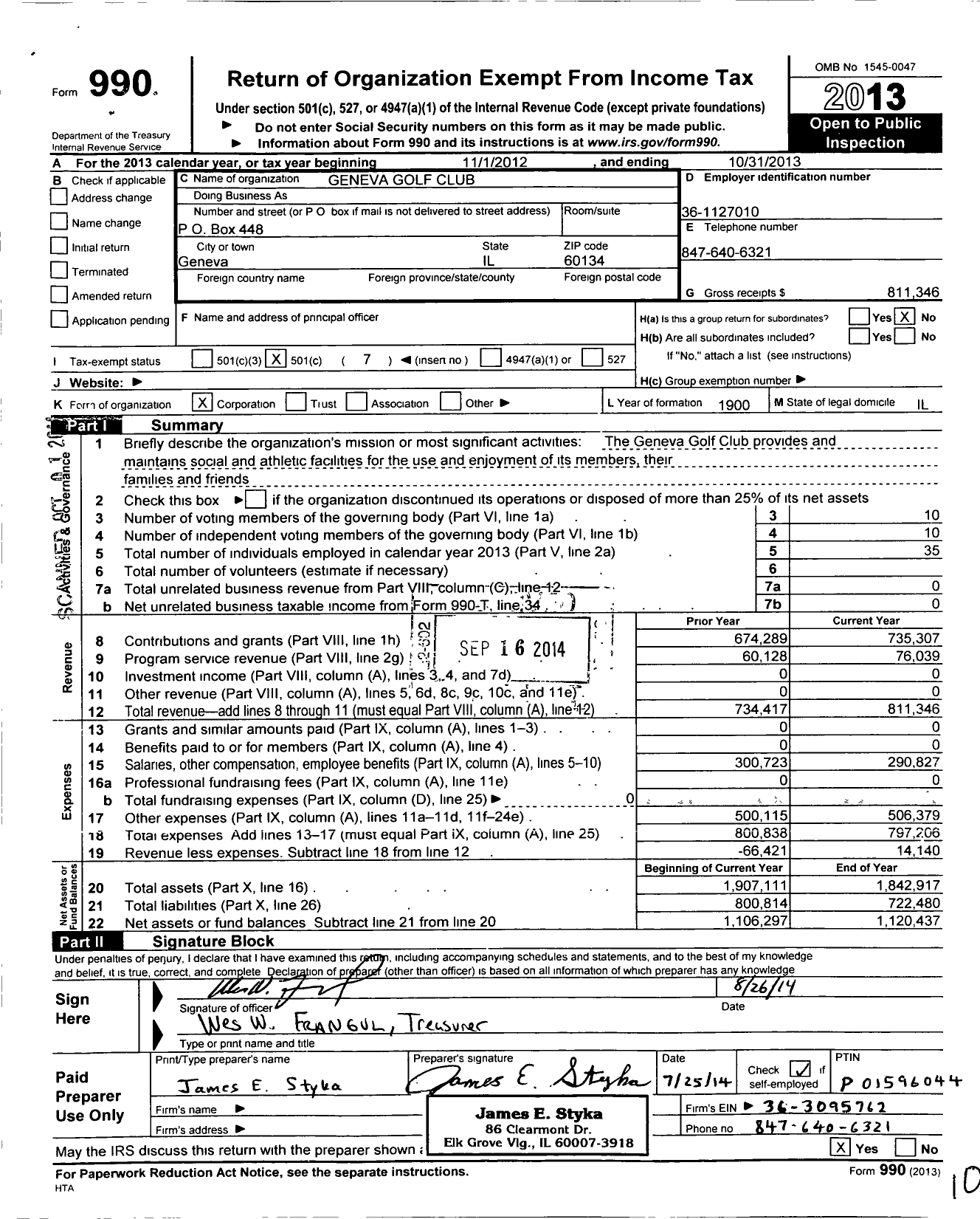 Image of first page of 2012 Form 990O for Geneva Golf Club