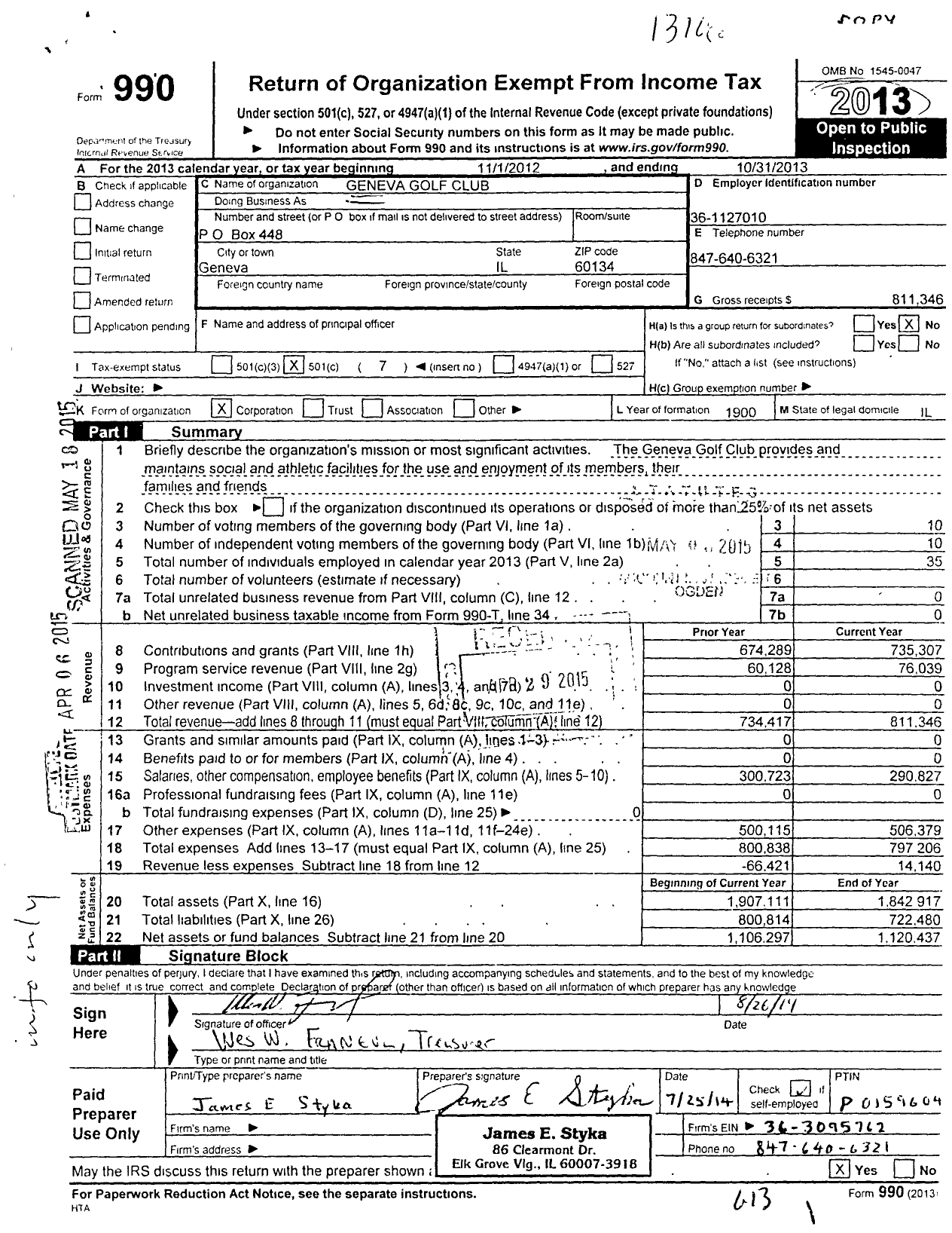 Image of first page of 2012 Form 990O for Geneva Golf Club