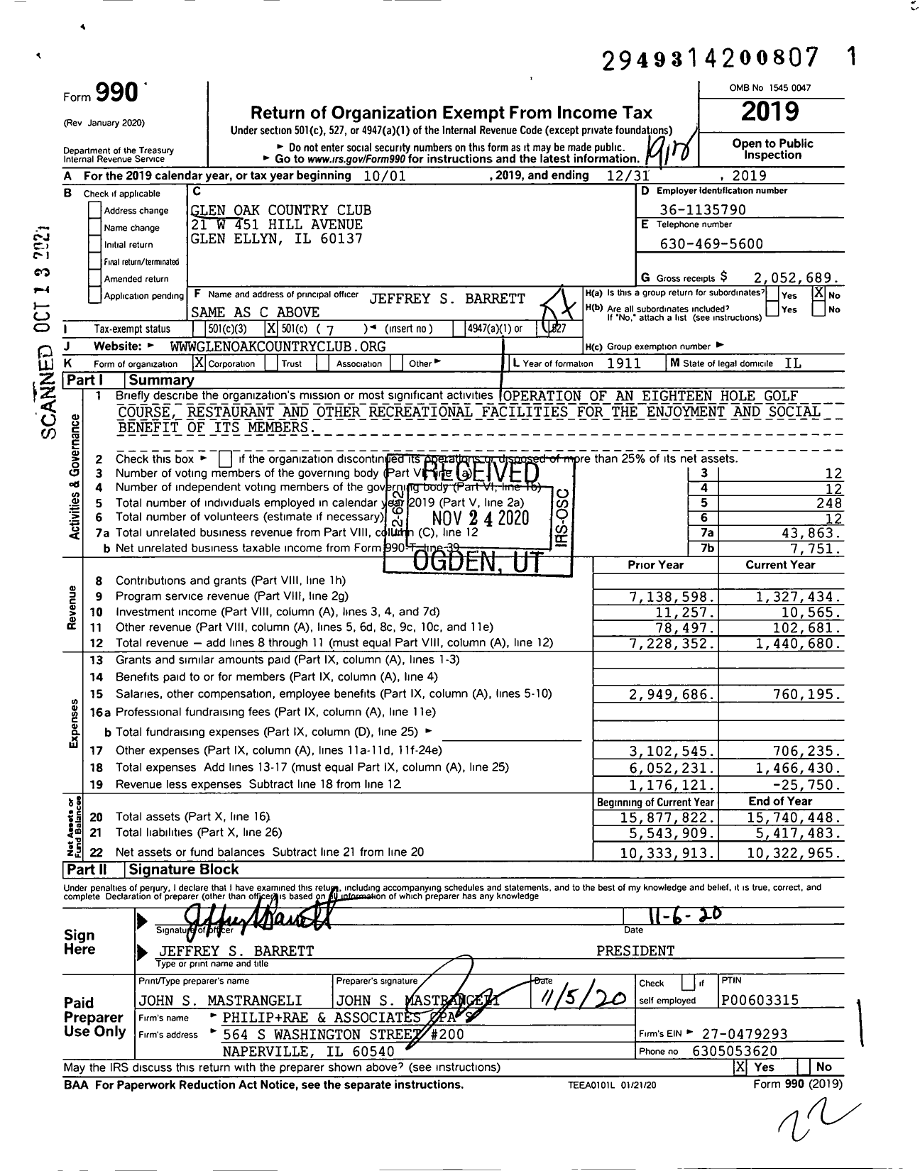 Image of first page of 2019 Form 990O for Glen Oak Country Club