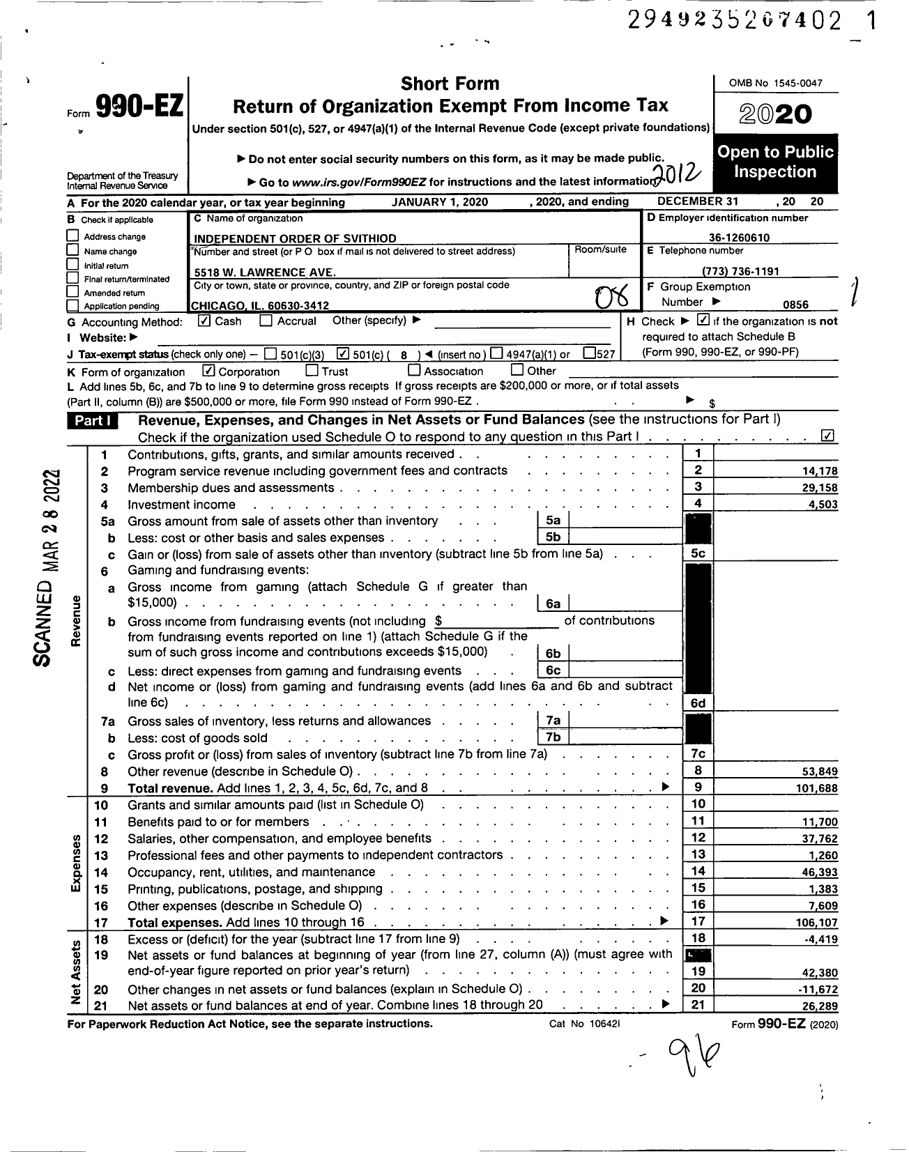 Image of first page of 2020 Form 990EO for Independent Order of Svithiod