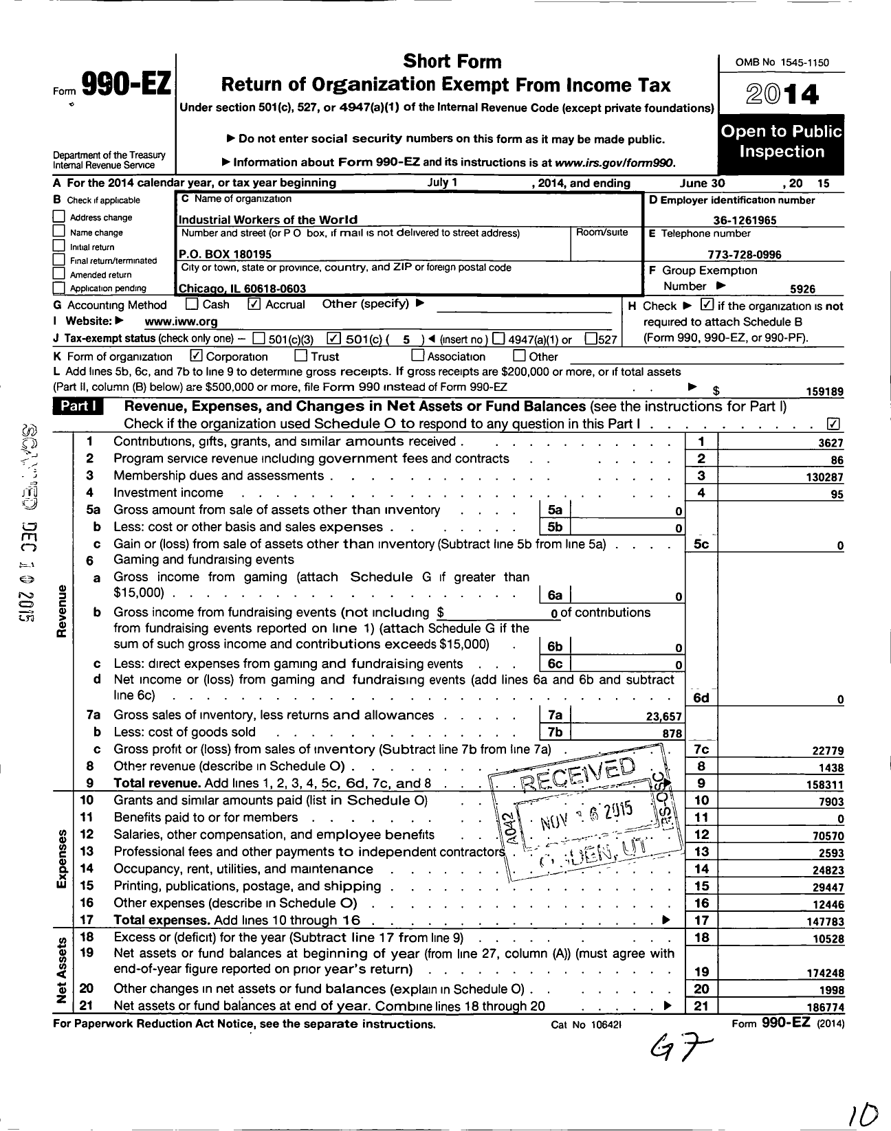 Image of first page of 2014 Form 990EO for Industrial Workers of the World