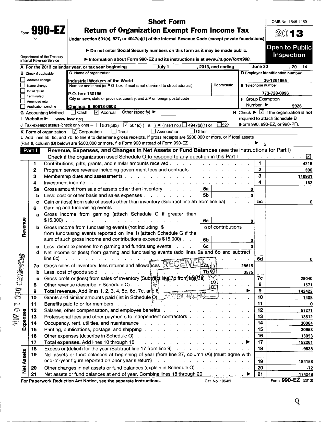 Image of first page of 2013 Form 990EO for Industrial Workers of the World