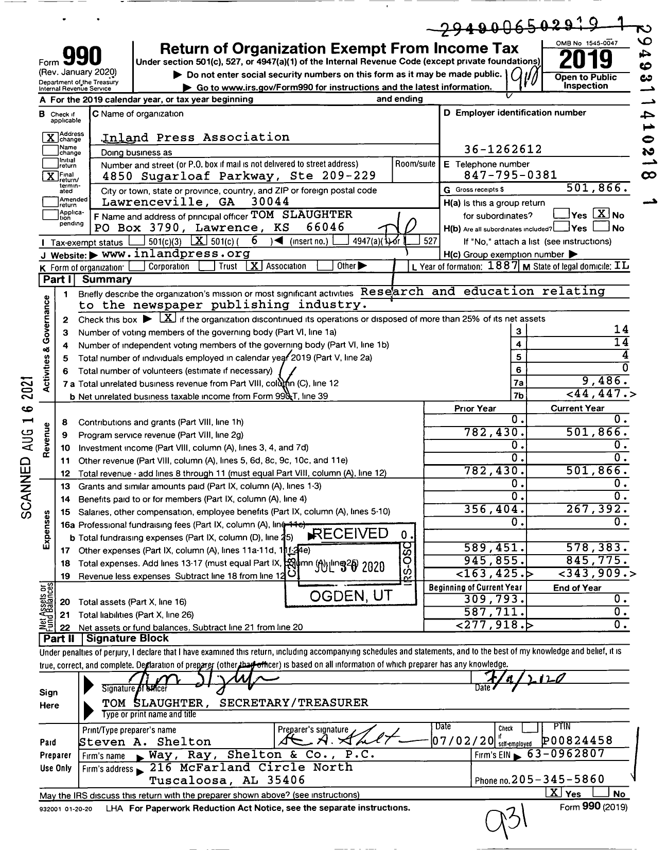 Image of first page of 2019 Form 990O for Inland Press Association