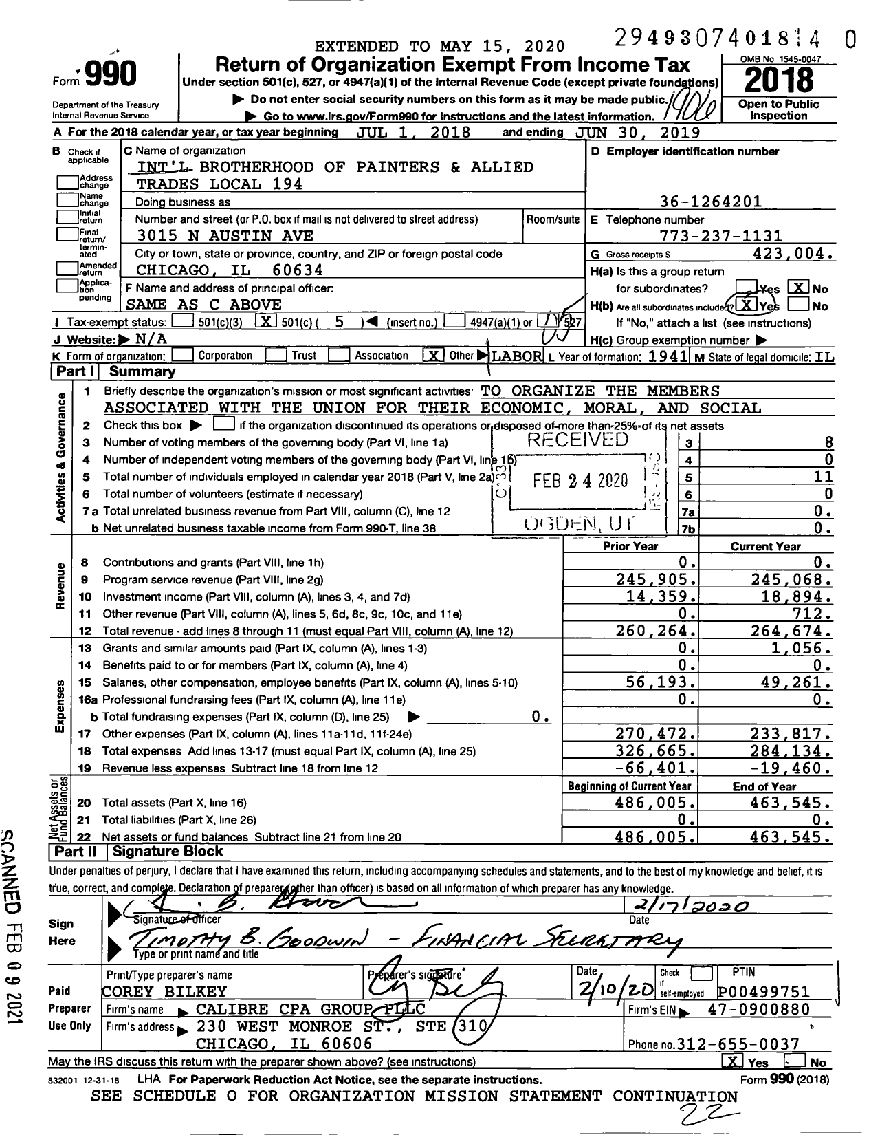 Image of first page of 2018 Form 990O for International Union of Painters and Allied Trades - 194 Painters Local Union