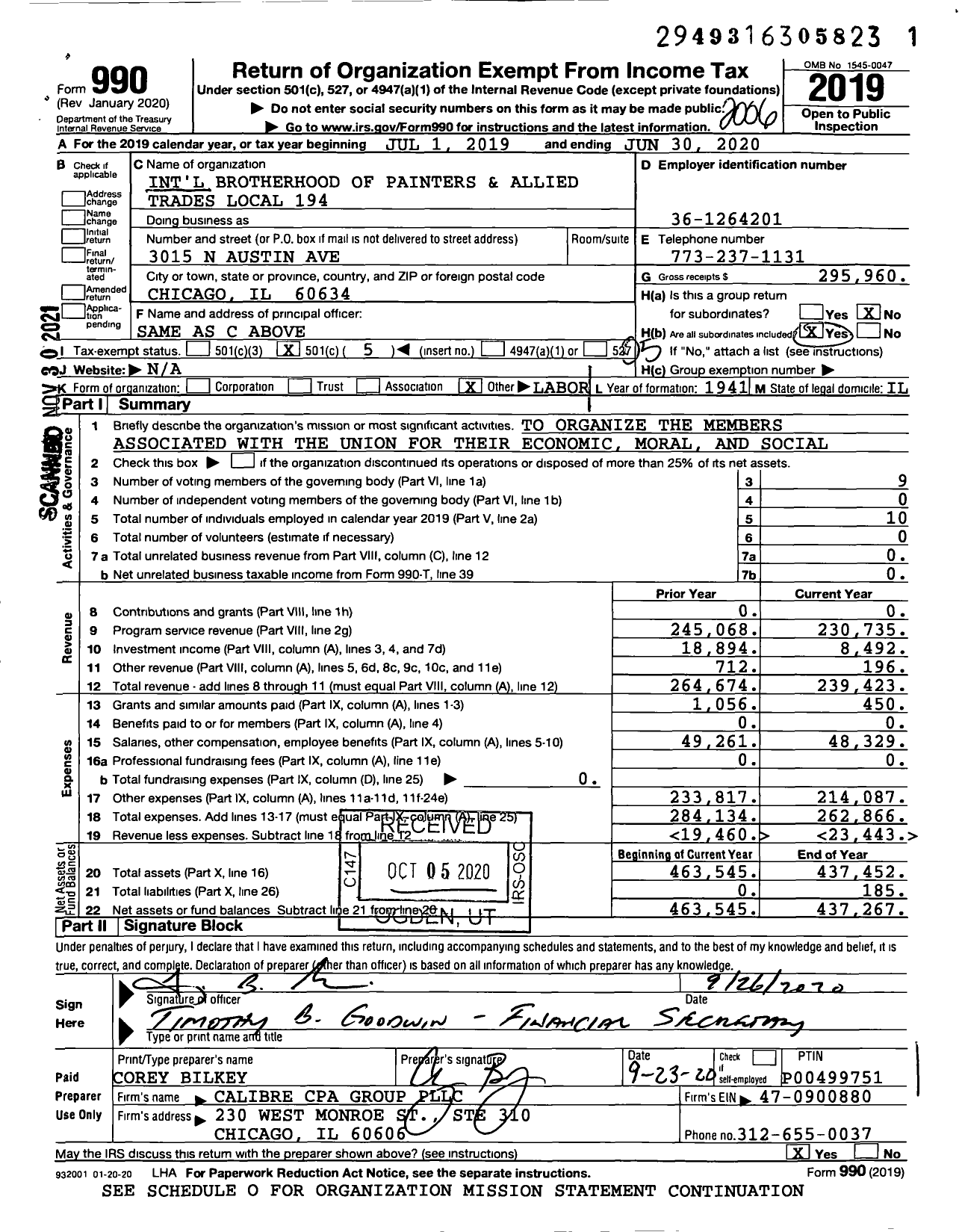 Image of first page of 2019 Form 990O for International Union of Painters and Allied Trades - 194 Painters Local Union