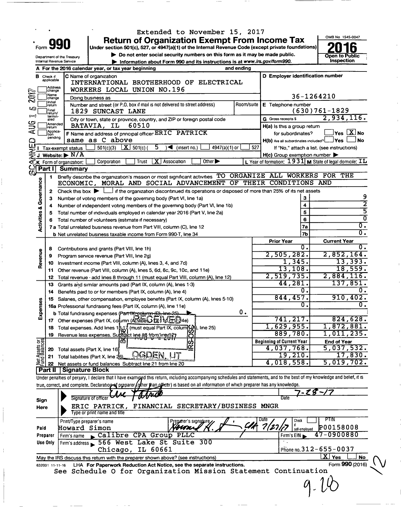 Image of first page of 2016 Form 990O for International Brotherhood of Electrical Workers - 0196 Local Union