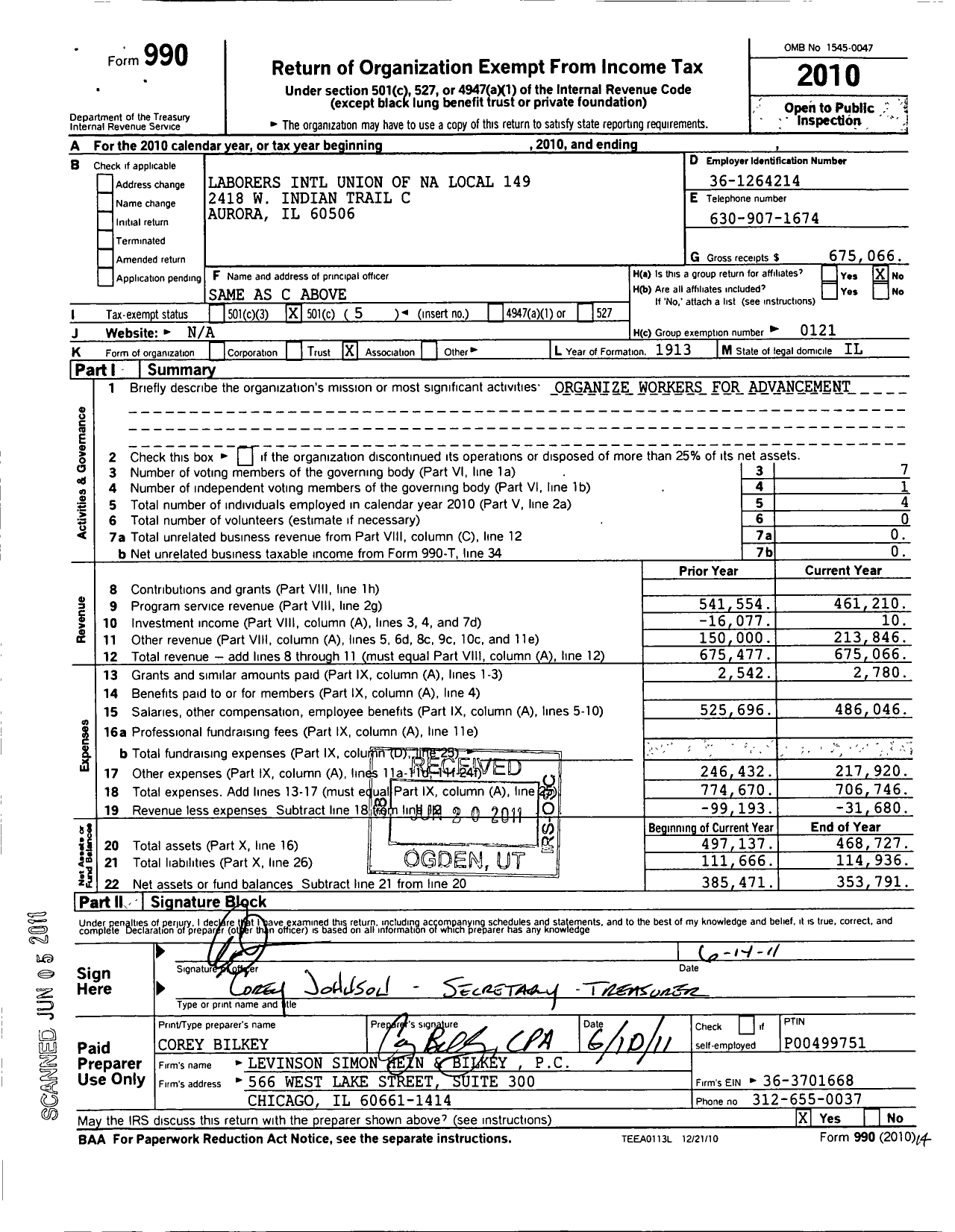 Image of first page of 2010 Form 990O for Laborers' International Union of North America - 149 Liuna Local Union