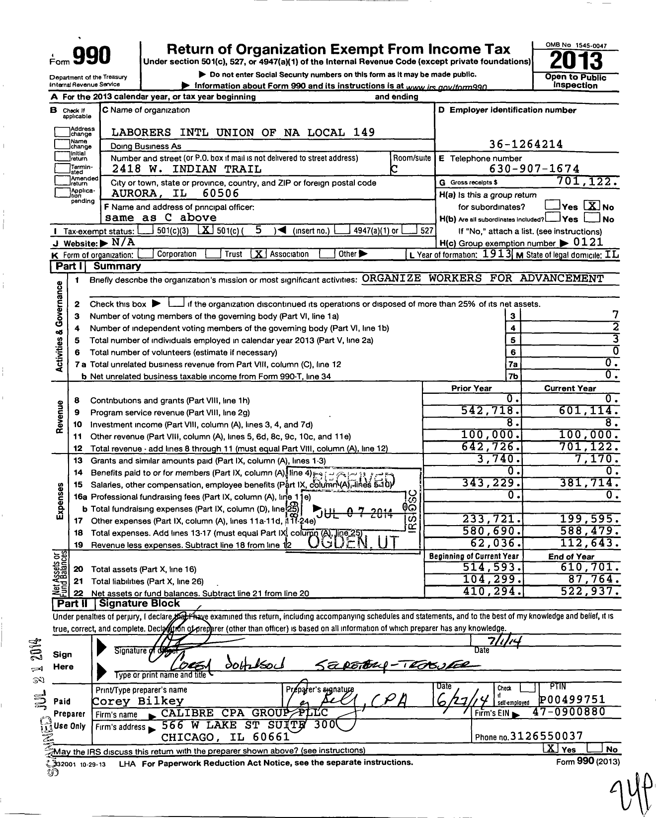 Image of first page of 2013 Form 990O for Laborers' International Union of North America - 149 Liuna Local Union