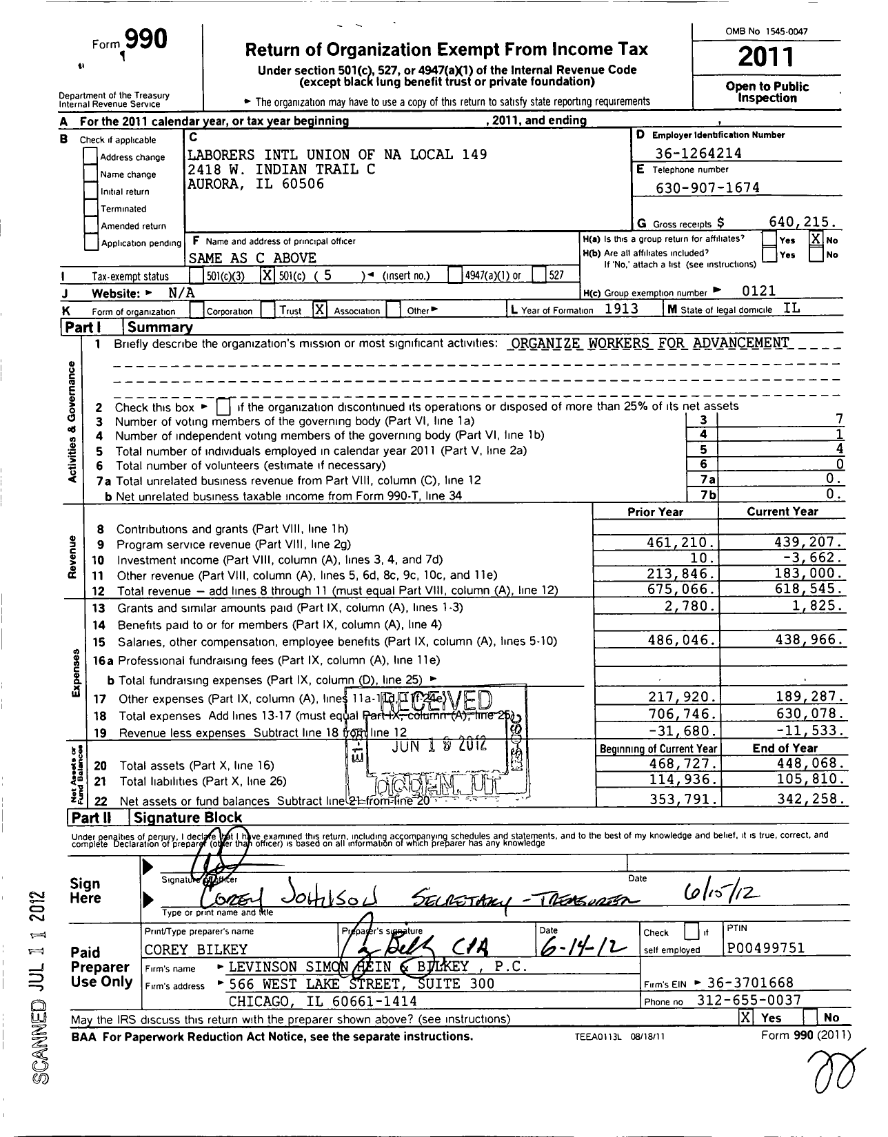 Image of first page of 2011 Form 990O for Laborers' International Union of North America - 149 Liuna Local Union