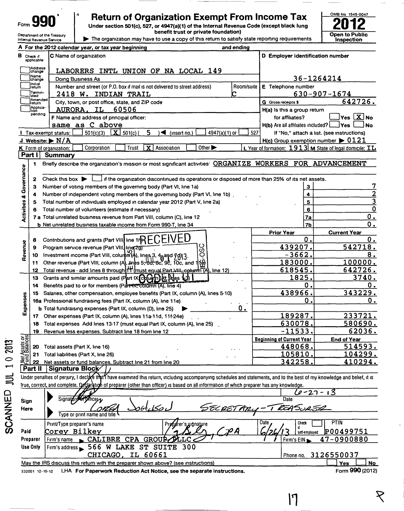 Image of first page of 2012 Form 990O for Laborers' International Union of North America - 149 Liuna Local Union