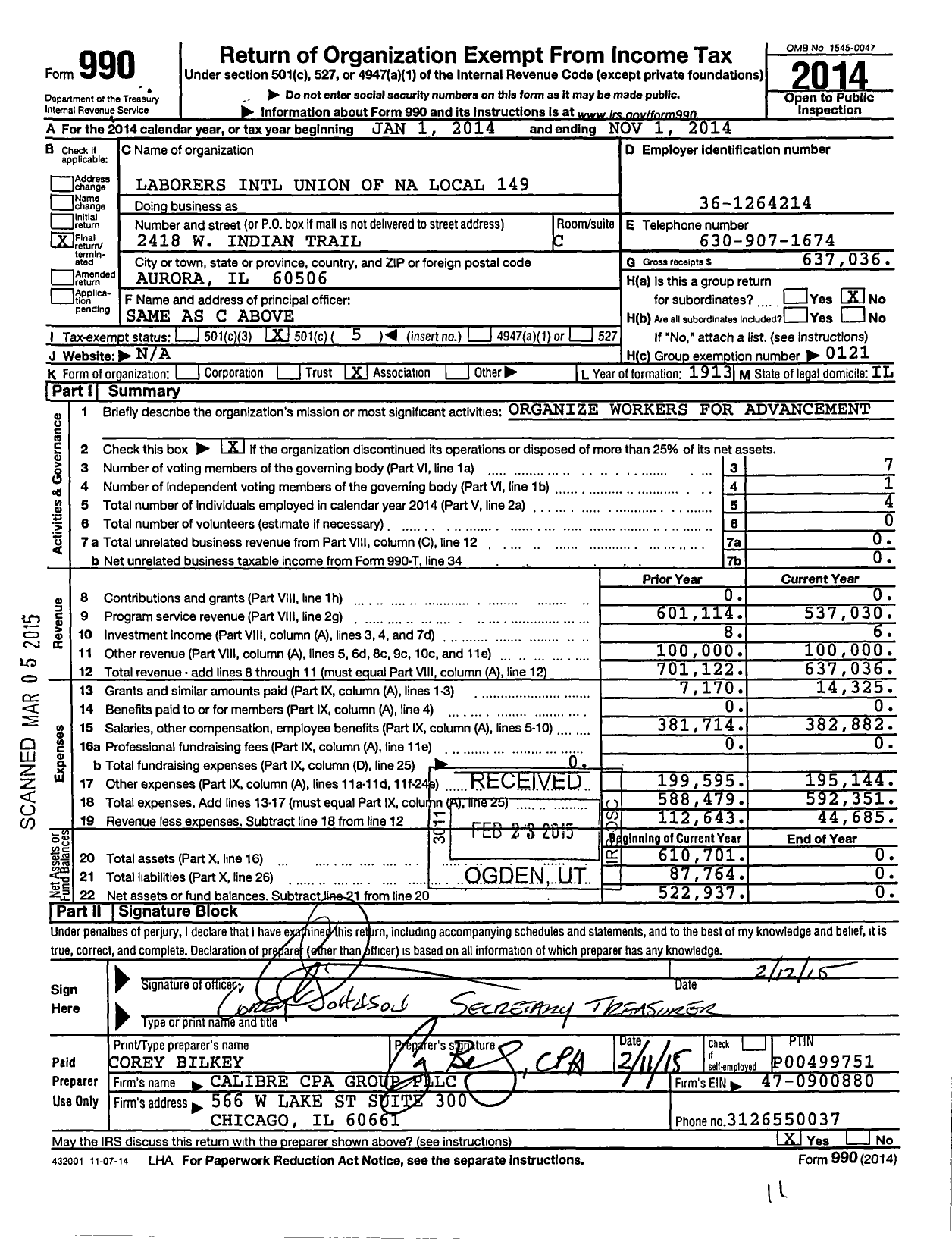 Image of first page of 2013 Form 990O for Laborers' International Union of North America - 149 Liuna Local Union