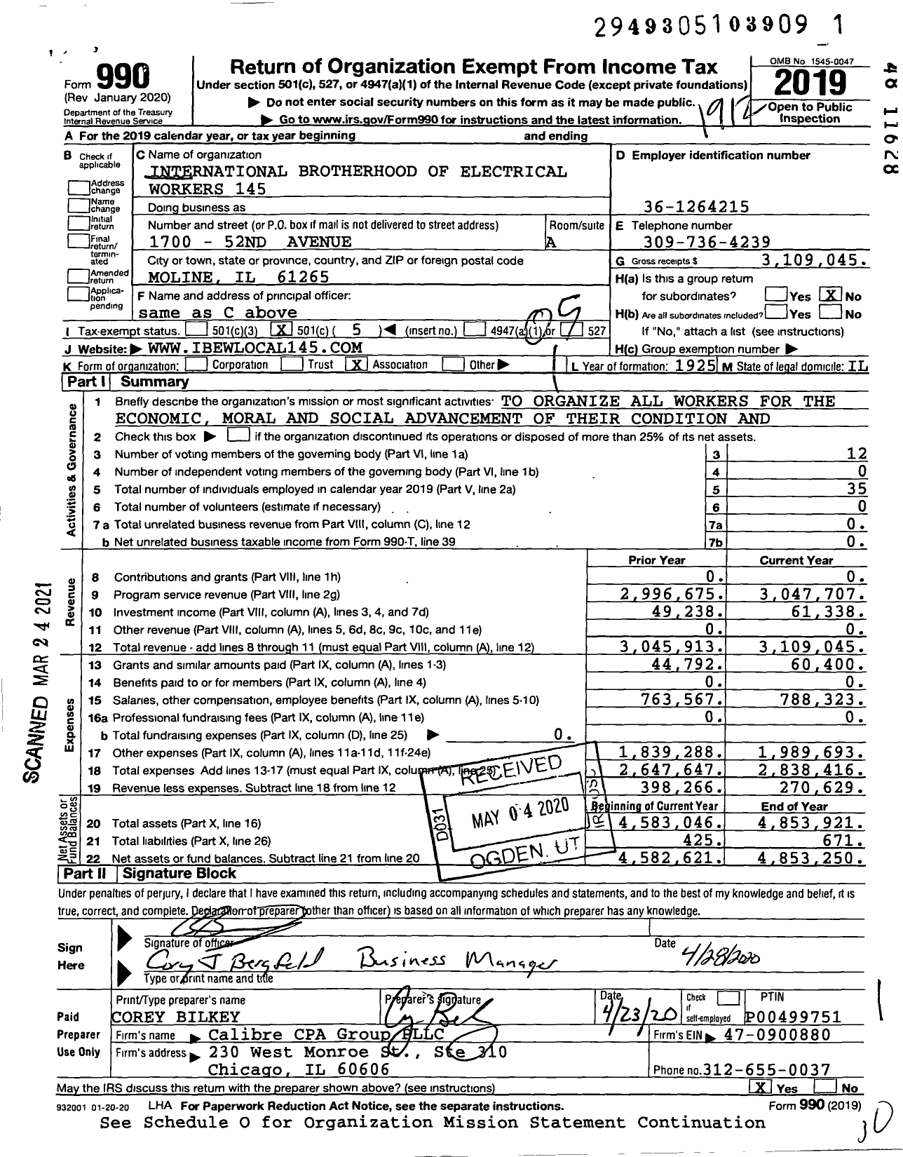 Image of first page of 2019 Form 990O for International Brotherhood of Electrical Workers - 0145 Local Union