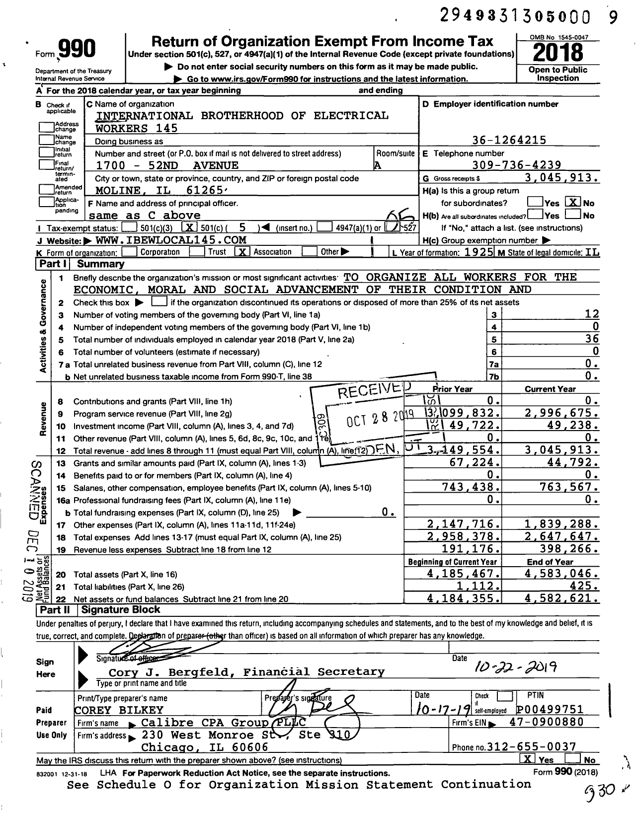 Image of first page of 2018 Form 990O for International Brotherhood of Electrical Workers - 0145 Local Union