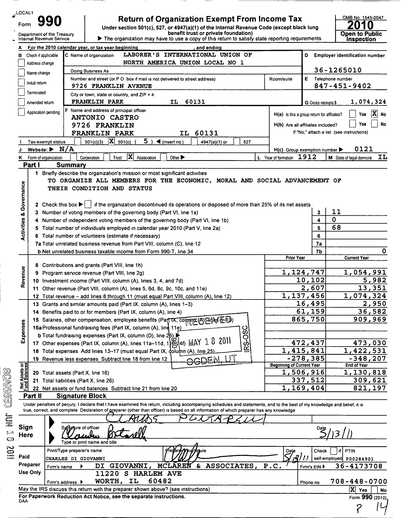 Image of first page of 2010 Form 990O for Laborers' International Union of North America - 1 Local Union