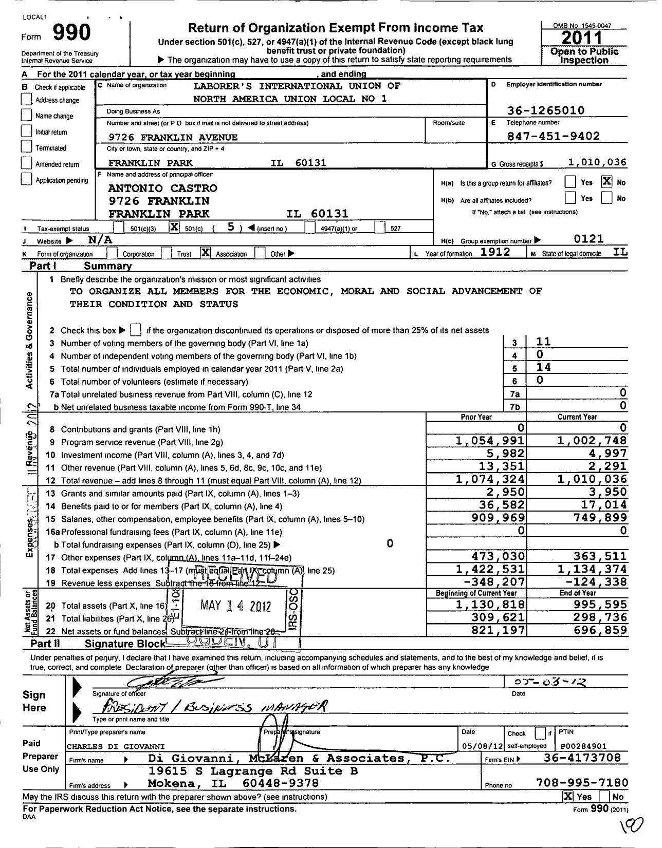 Image of first page of 2011 Form 990O for Laborers' International Union of North America - 1 Local Union