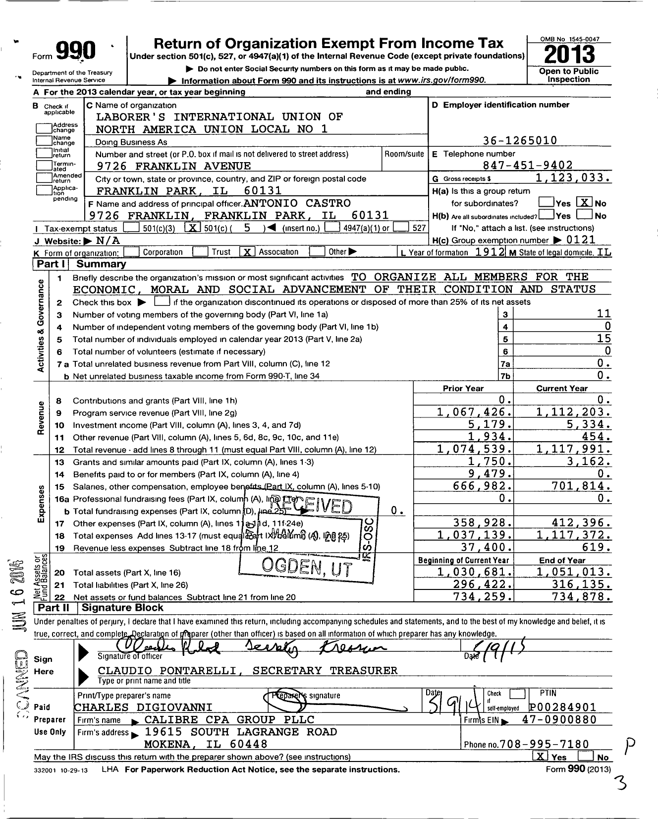 Image of first page of 2013 Form 990O for Laborers' International Union of North America - 1 Local Union