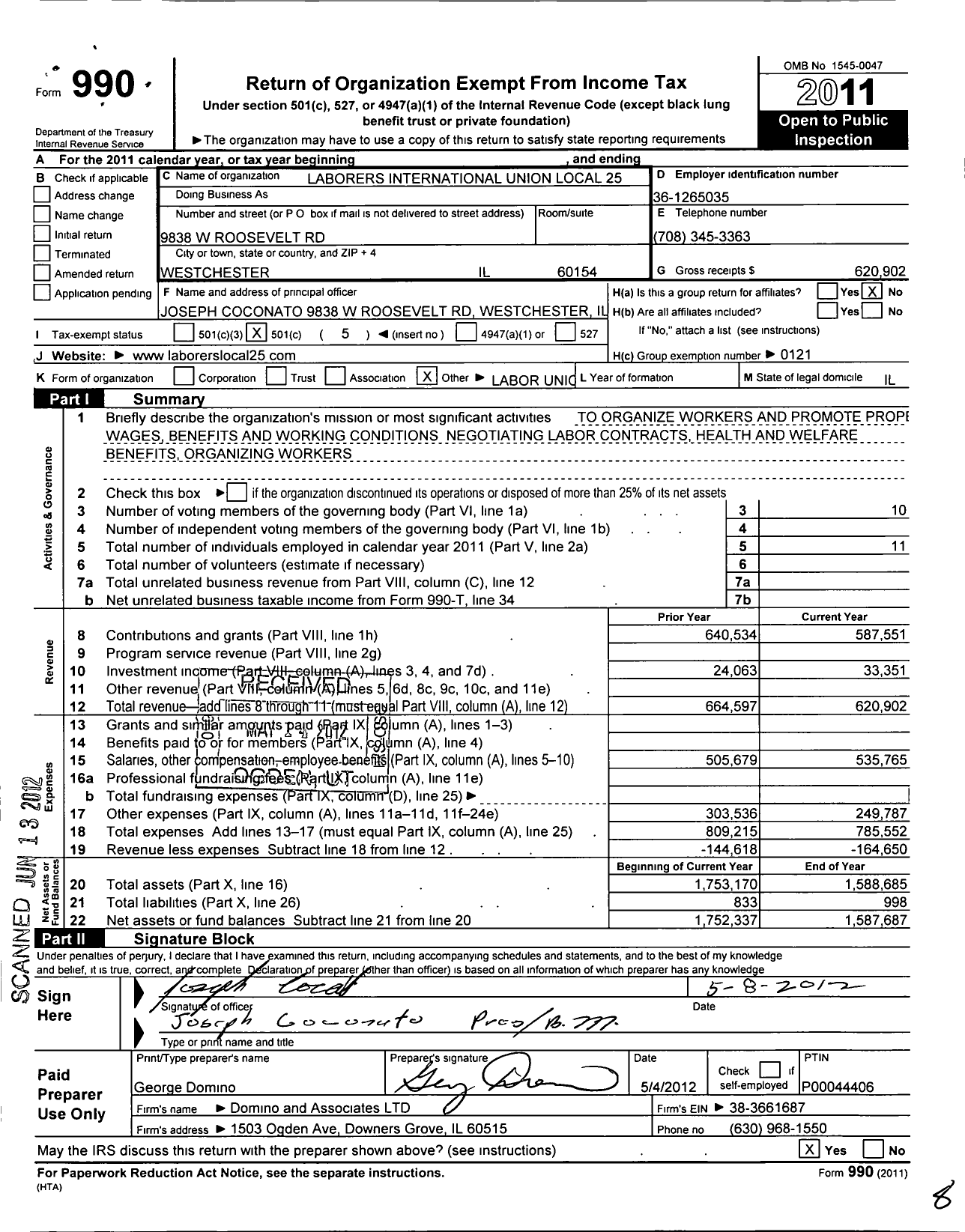 Image of first page of 2011 Form 990O for Laborers' International Union of North America - 25 Local Union