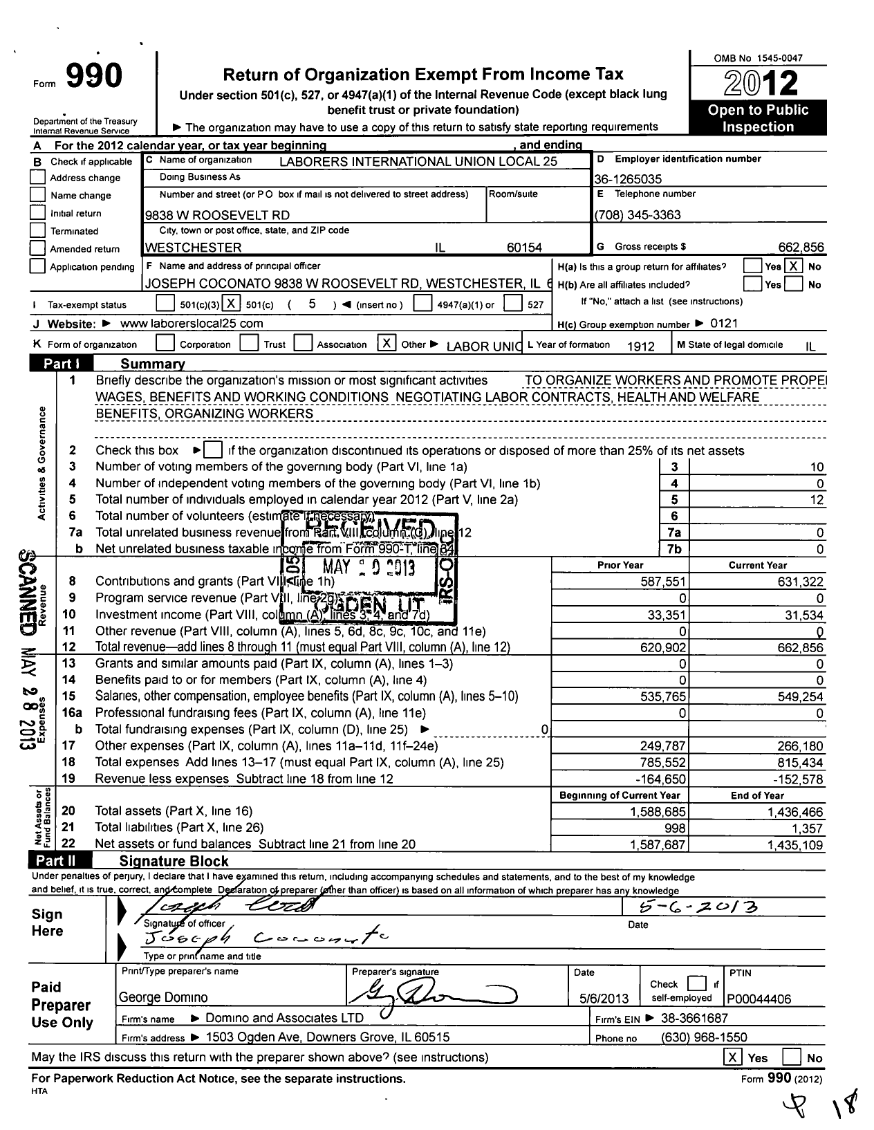 Image of first page of 2012 Form 990O for Laborers' International Union of North America - 25 Local Union