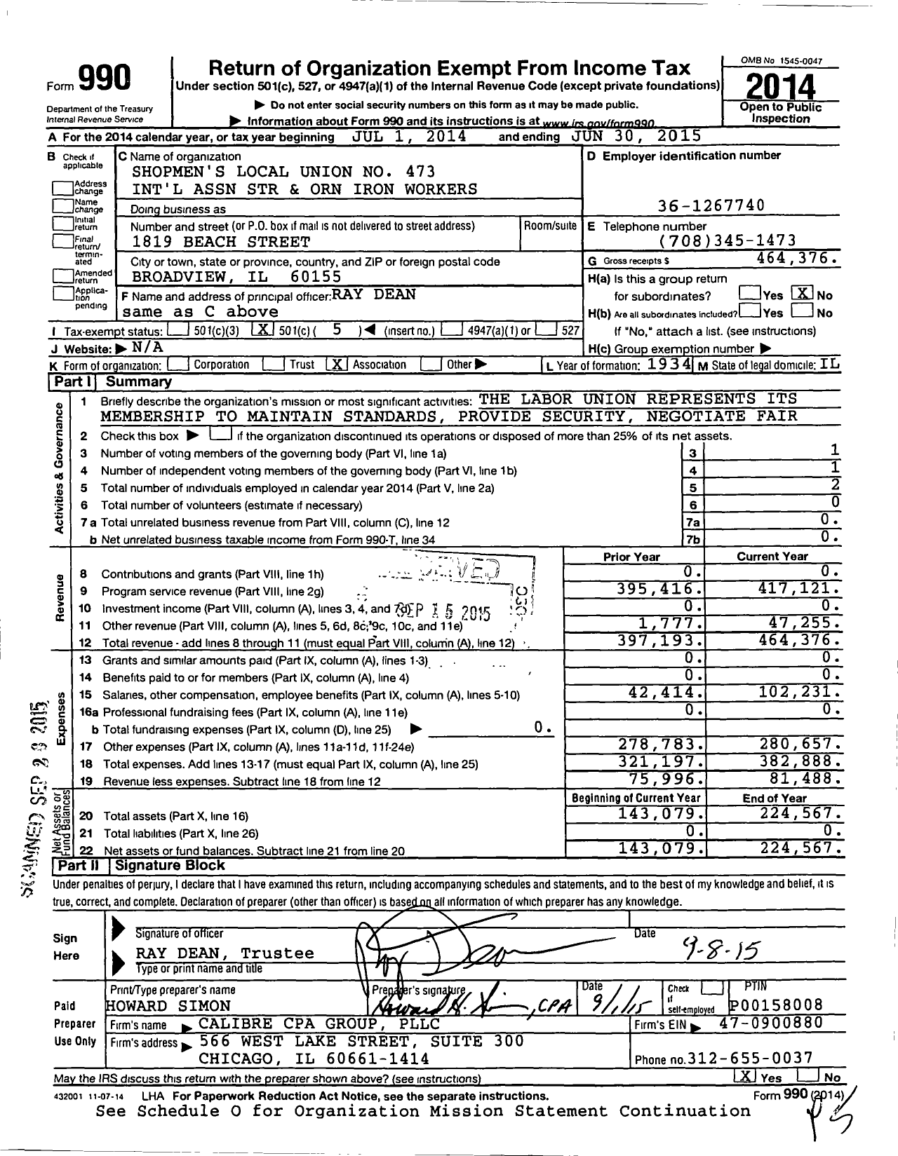 Image of first page of 2014 Form 990O for Shopmens Local Union No 473 International Association STR and Orn Iron Workers