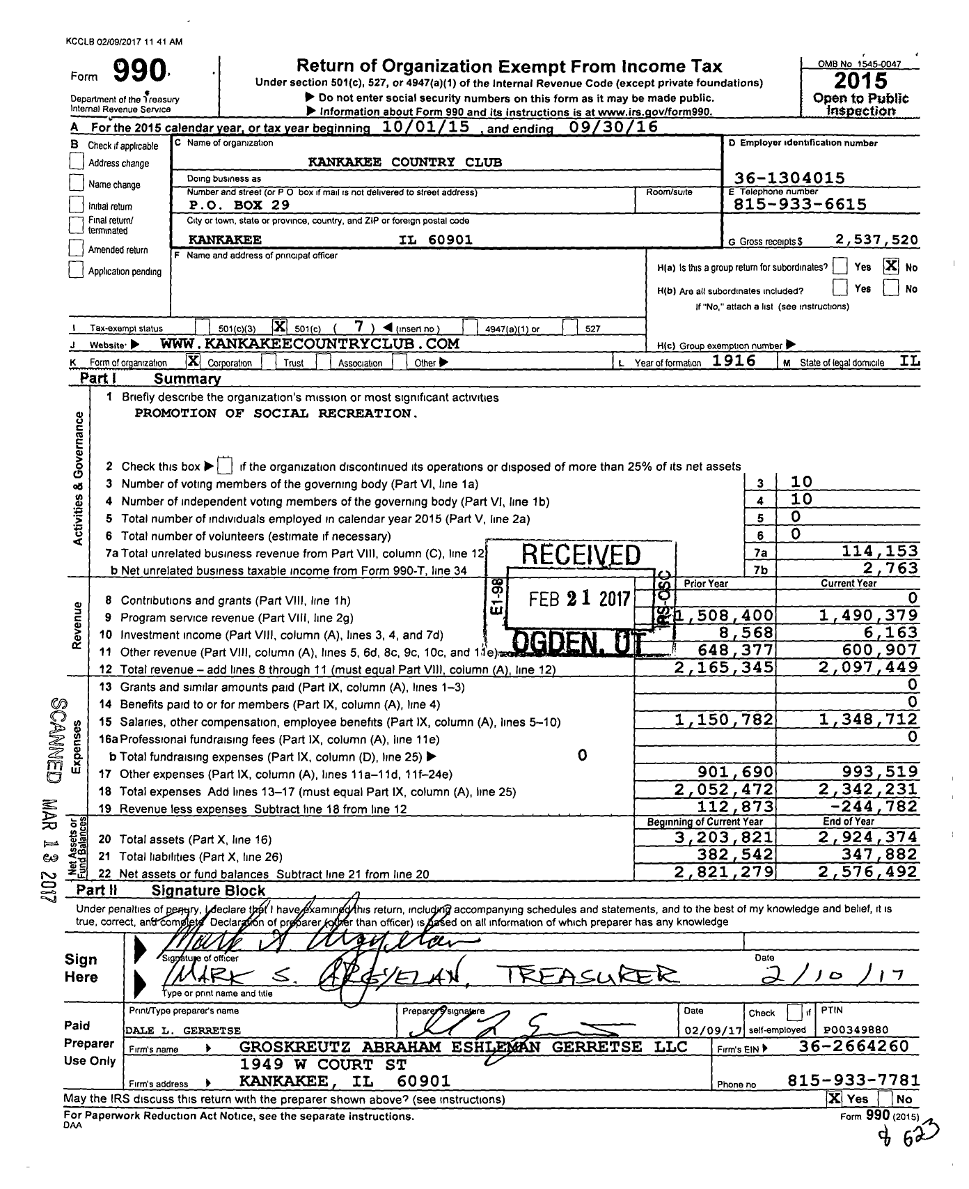 Image of first page of 2015 Form 990O for Kankakee Country Club