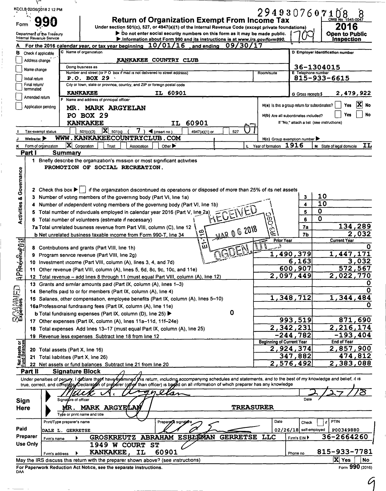Image of first page of 2016 Form 990O for Kankakee Country Club