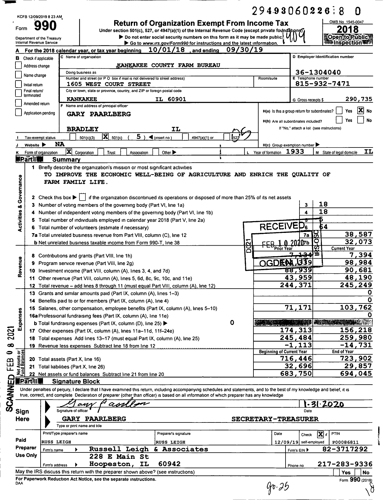 Image of first page of 2018 Form 990O for Kankakee County Farm Bureau