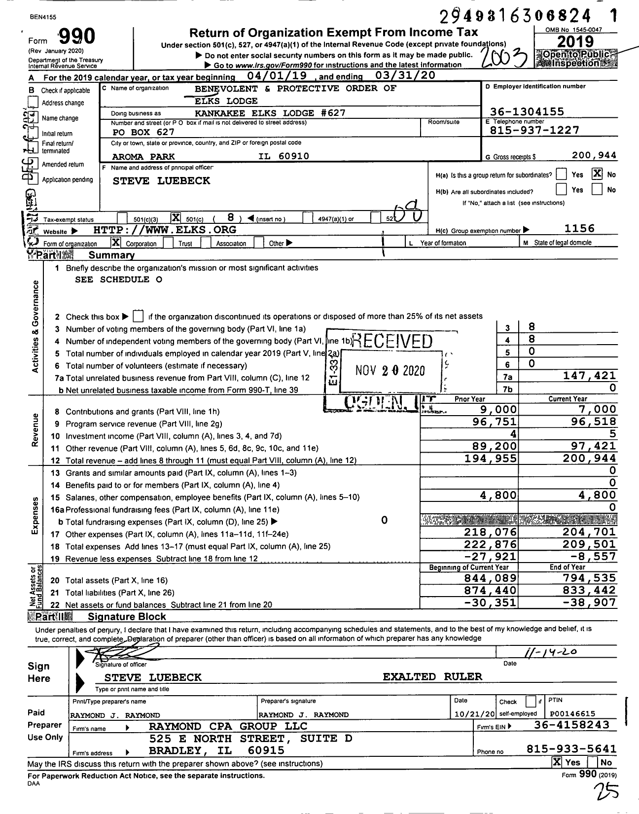 Image of first page of 2019 Form 990O for Benevolent and Protective Order of Elks - Kankakee Elks Lodge 627